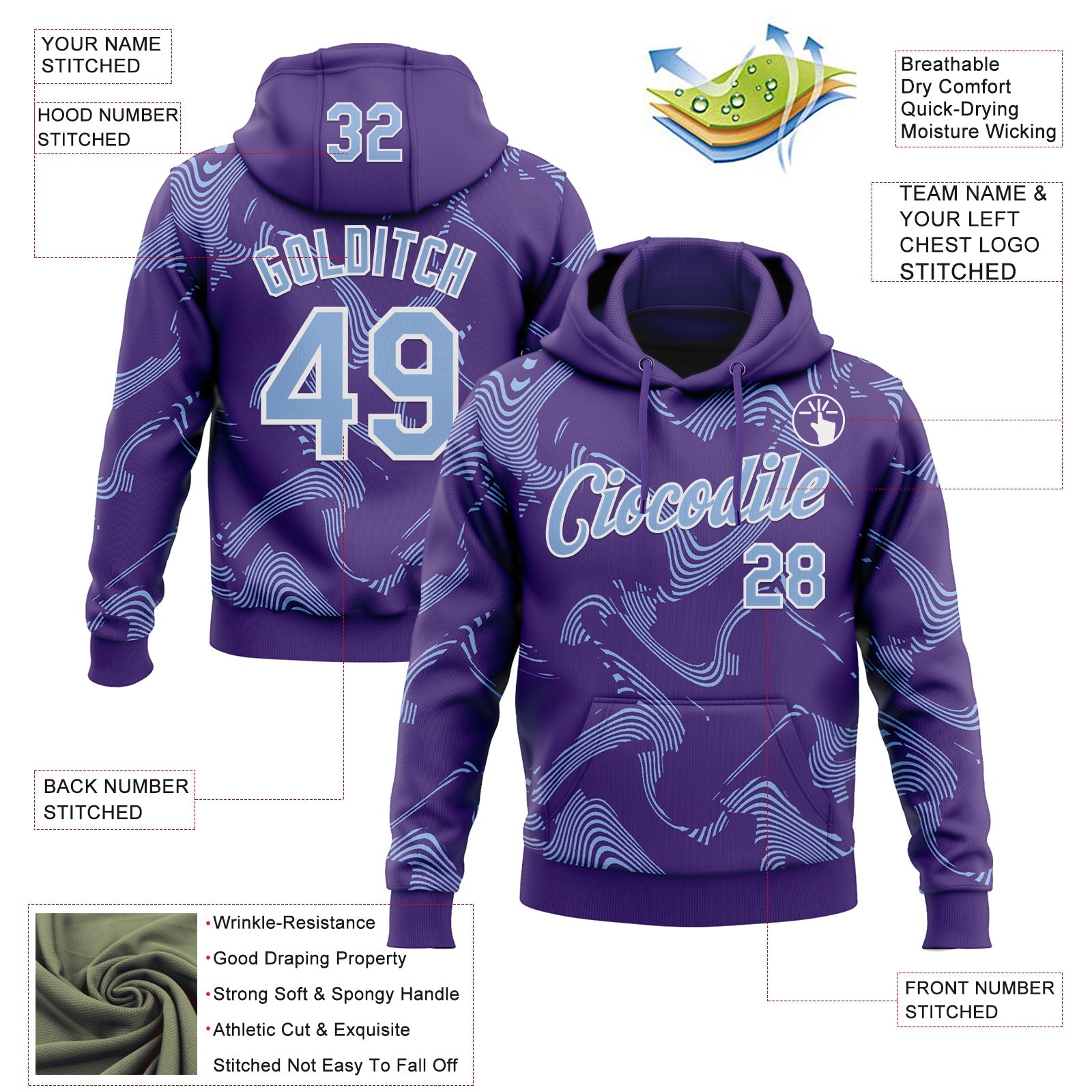 Custom Stitched Purple Light Blue-White Curve Lines Sports Pullover Sweatshirt Hoodie