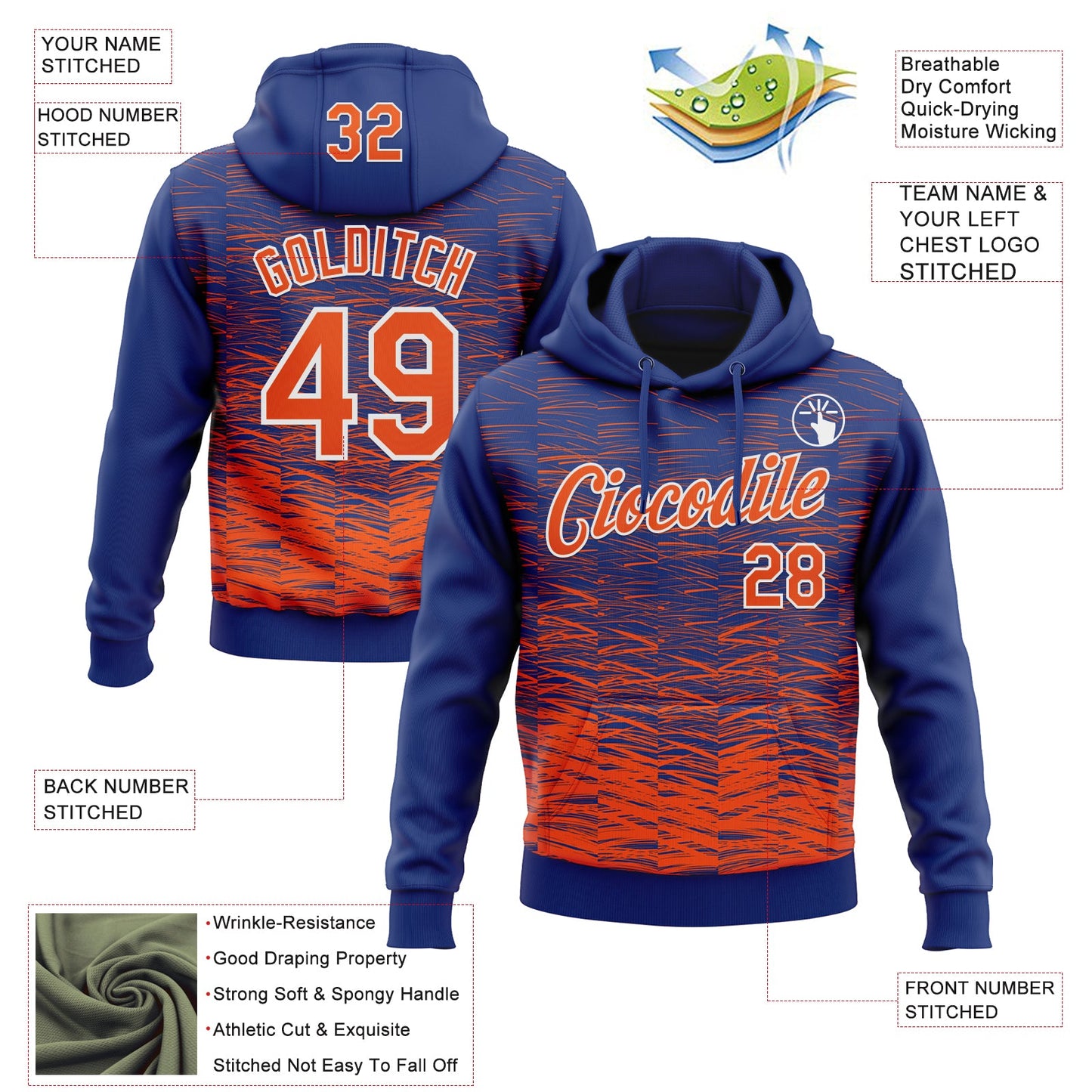 Custom Stitched Royal Orange-White Line Sports Pullover Sweatshirt Hoodie