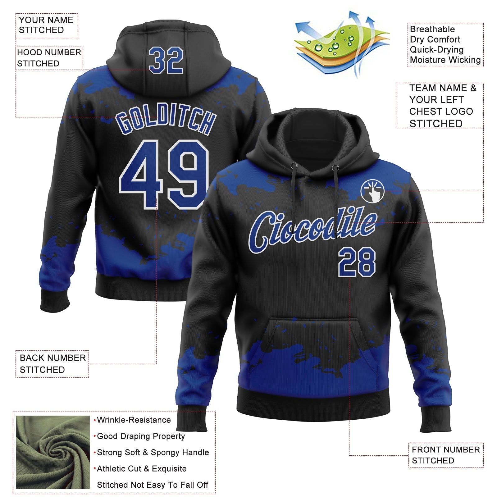Custom Stitched Black Royal-White Fragment Pattern Sports Pullover Sweatshirt Hoodie