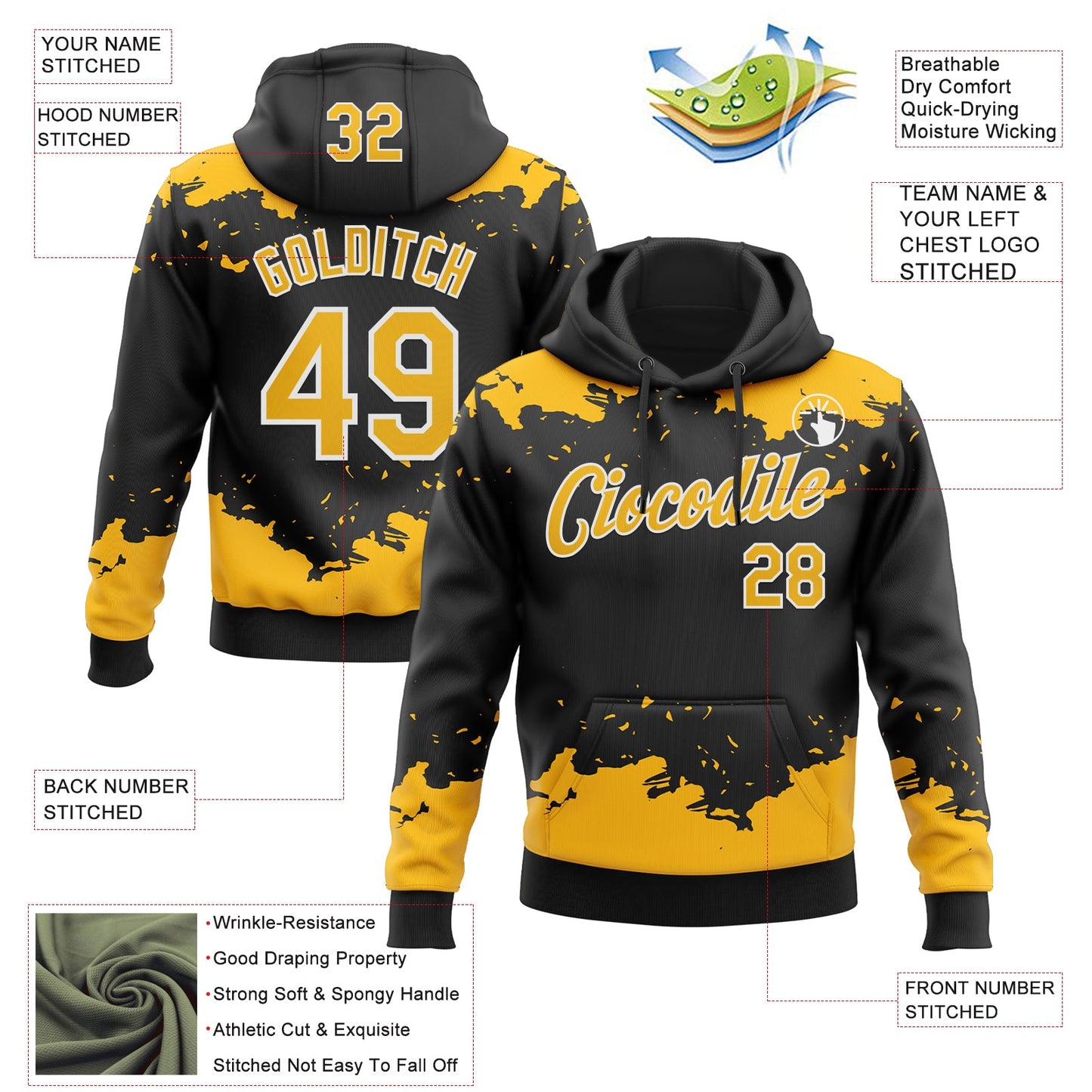 Custom Stitched Black Gold-White Fragment Pattern Sports Pullover Sweatshirt Hoodie