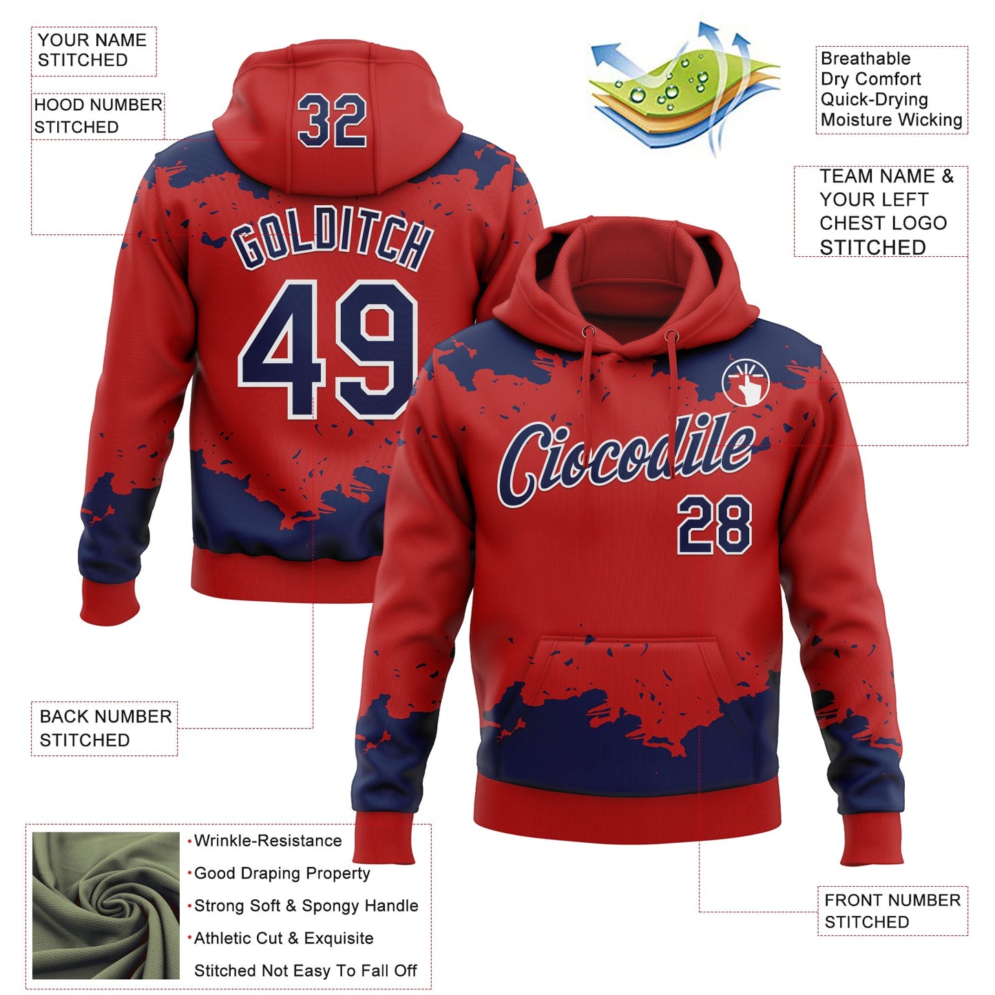 Custom Stitched Red Navy-White Fragment Pattern Sports Pullover Sweatshirt Hoodie
