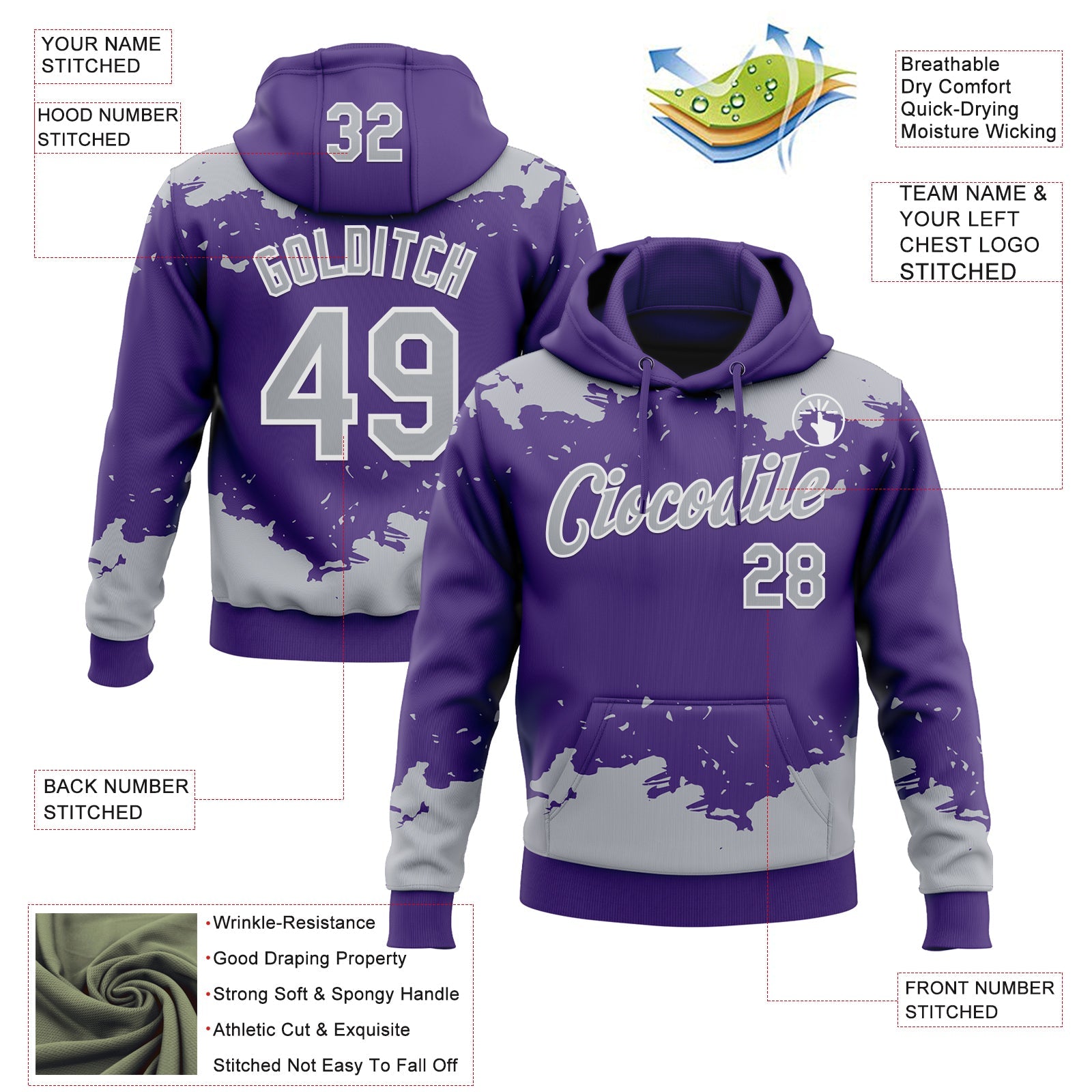 Custom Stitched Purple Gray-White Fragment Pattern Sports Pullover Sweatshirt Hoodie