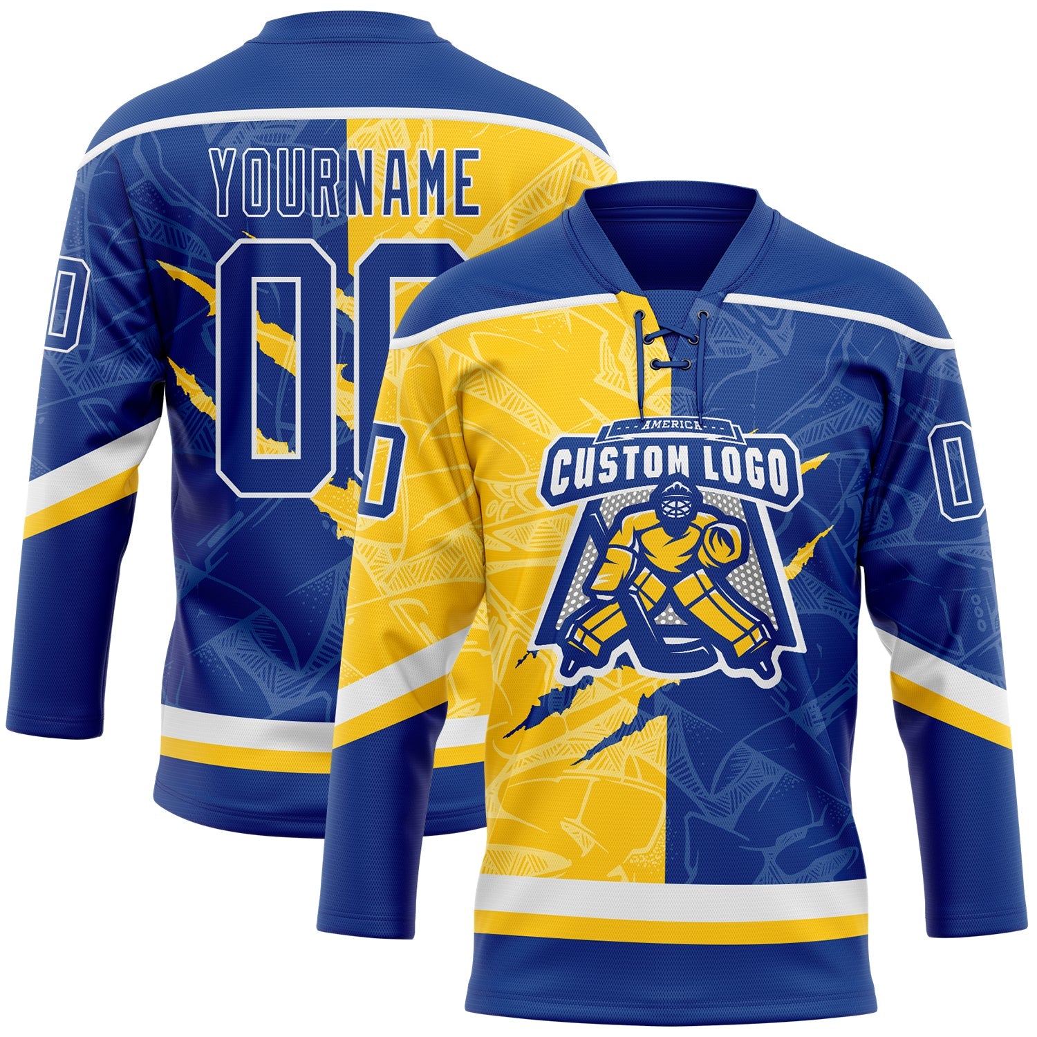 Custom Royal Yellow-White 3D Pattern Gradient Fashion Scratch Hockey Lace Neck Jersey