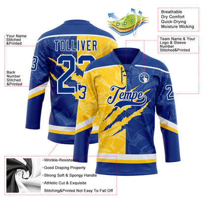Custom Royal Yellow-White 3D Pattern Gradient Fashion Scratch Hockey Lace Neck Jersey