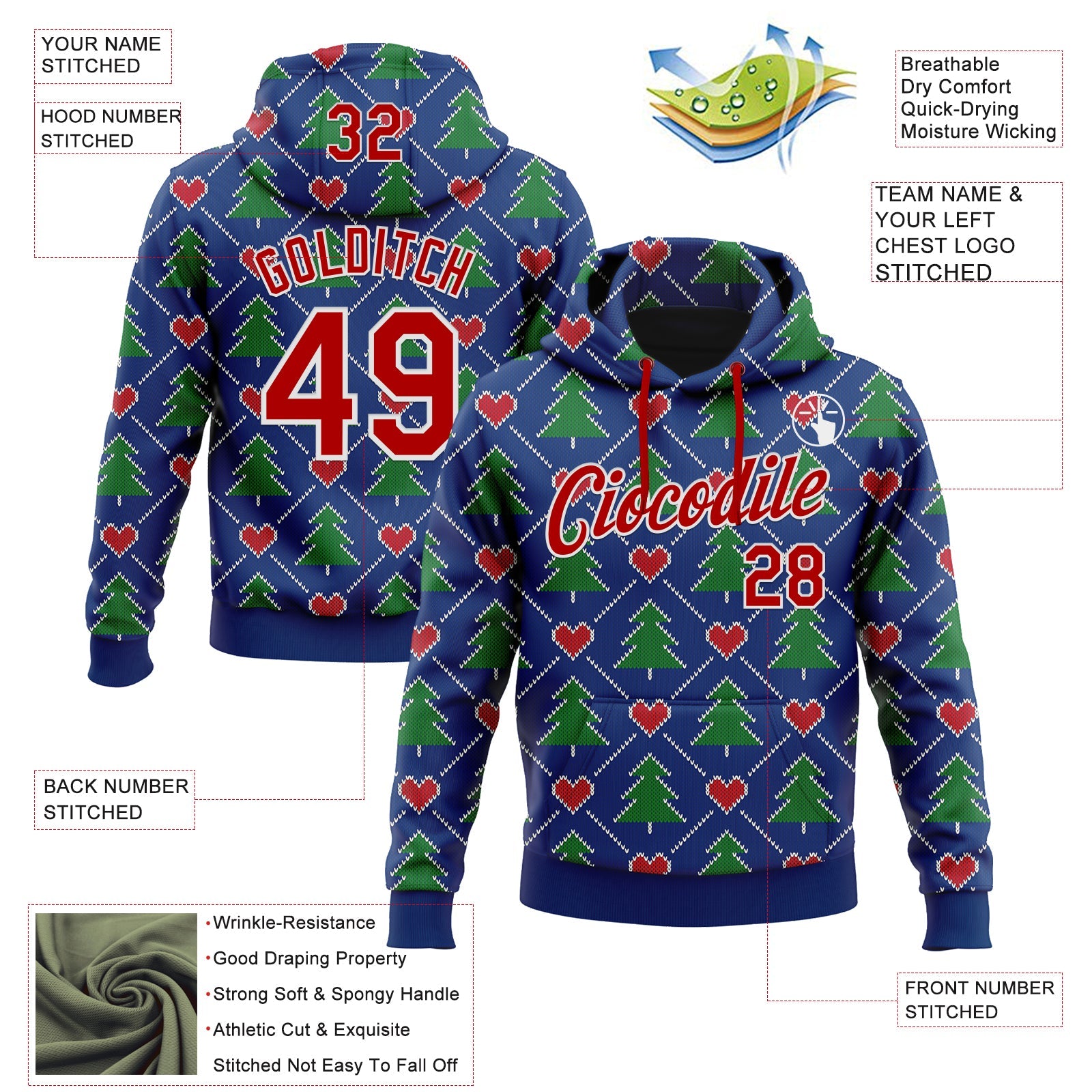 Custom Stitched Royal Red-White 3D Christmas Plaid Sports Pullover Sweatshirt Hoodie