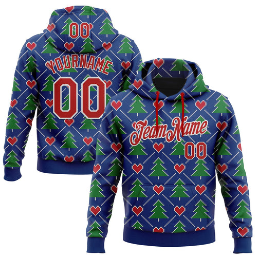 Custom Stitched Royal Red-White 3D Christmas Plaid Sports Pullover Sweatshirt Hoodie