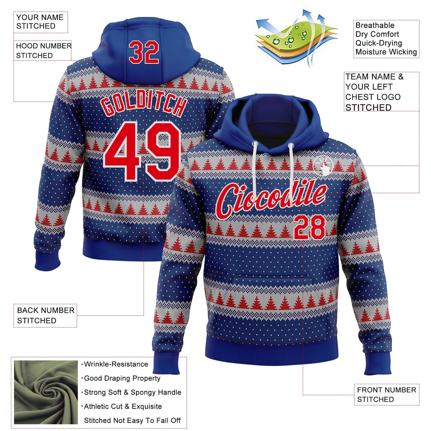 Custom Stitched Royal Red-White 3D Christmas Stripe Sports Pullover Sweatshirt Hoodie