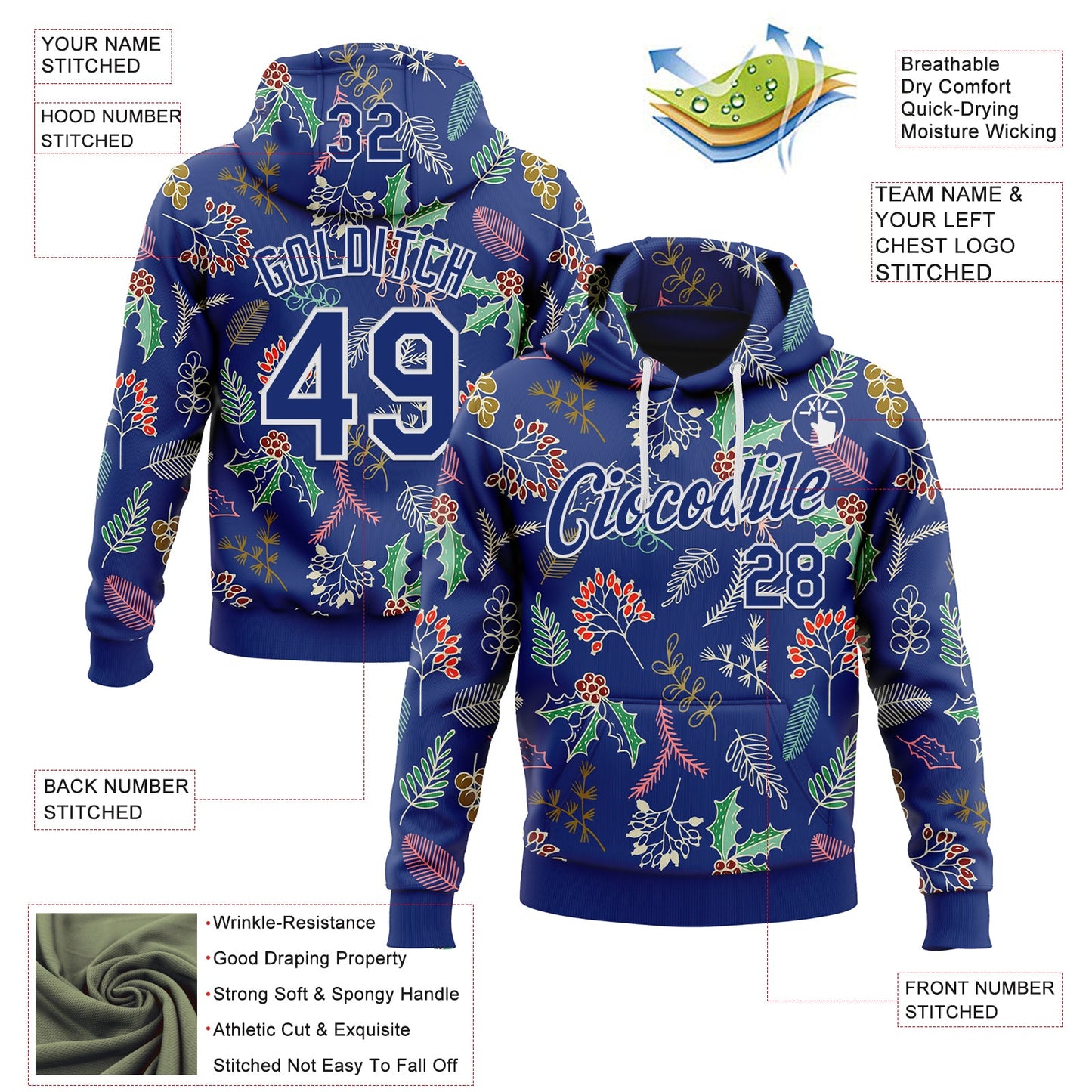 Custom Stitched Royal Royal-White 3D Christmas Sports Pullover Sweatshirt Hoodie