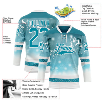 Custom Teal Teal-White 3D Christmas Reindeer Hockey Lace Neck Jersey