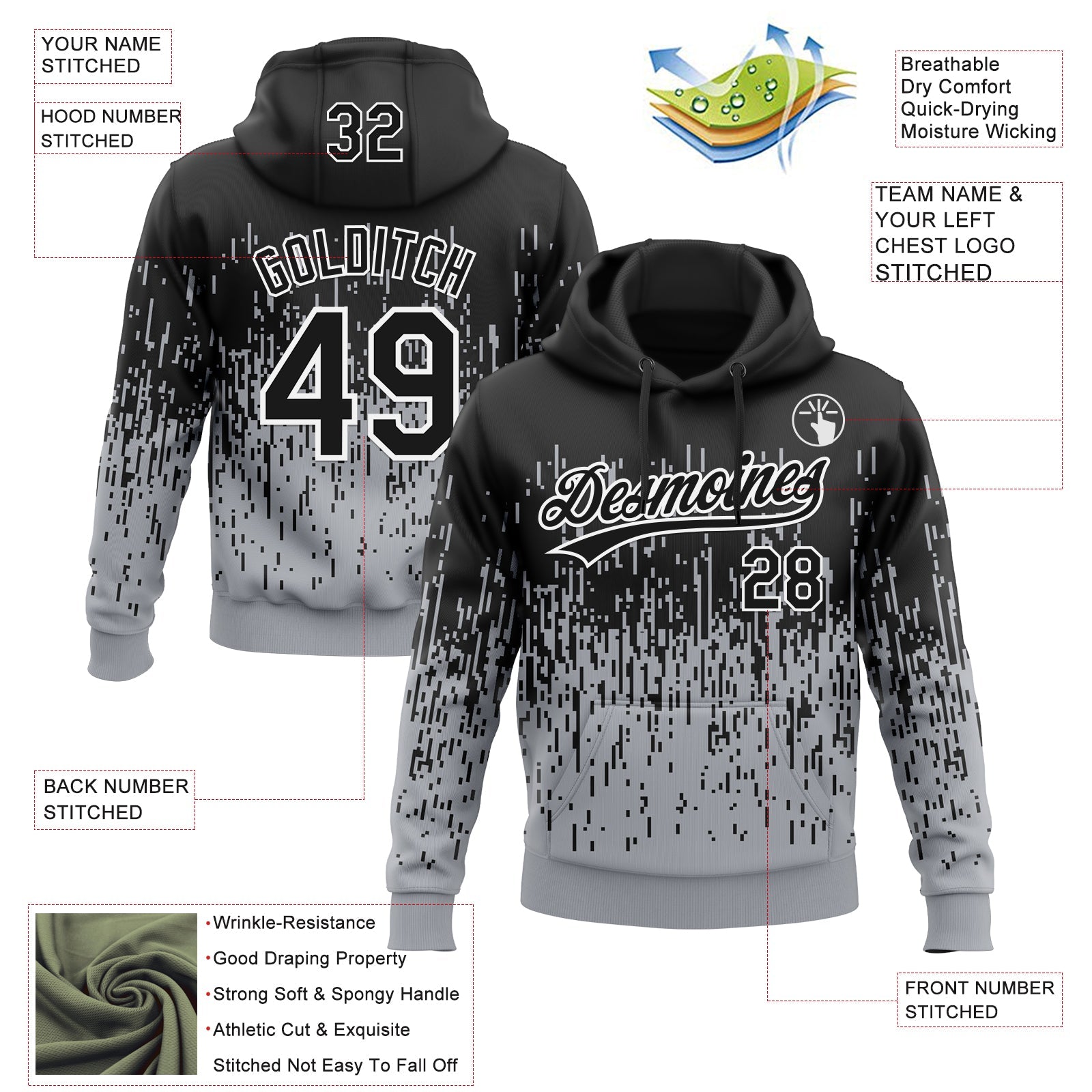 Custom Stitched Gray Black-White 3D Pattern Design Abstract Shape Sports Pullover Sweatshirt Hoodie