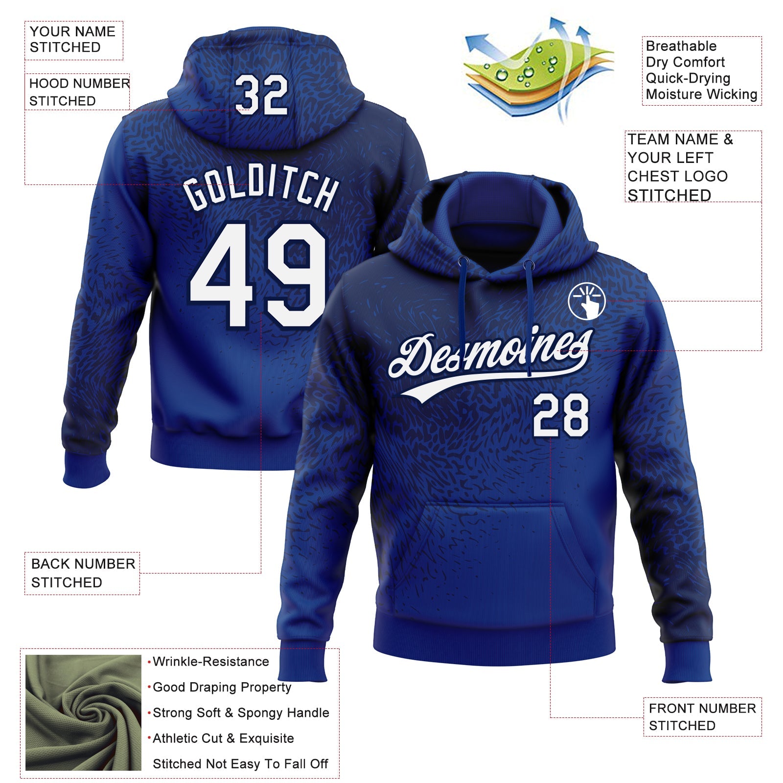 Custom Stitched Royal White-Navy 3D Pattern Design Abstract Shape Sports Pullover Sweatshirt Hoodie