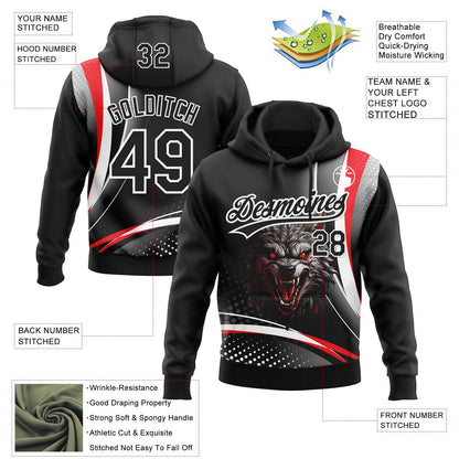 Custom Stitched Red Black-White 3D Pattern Design Wolf Sports Pullover Sweatshirt Hoodie