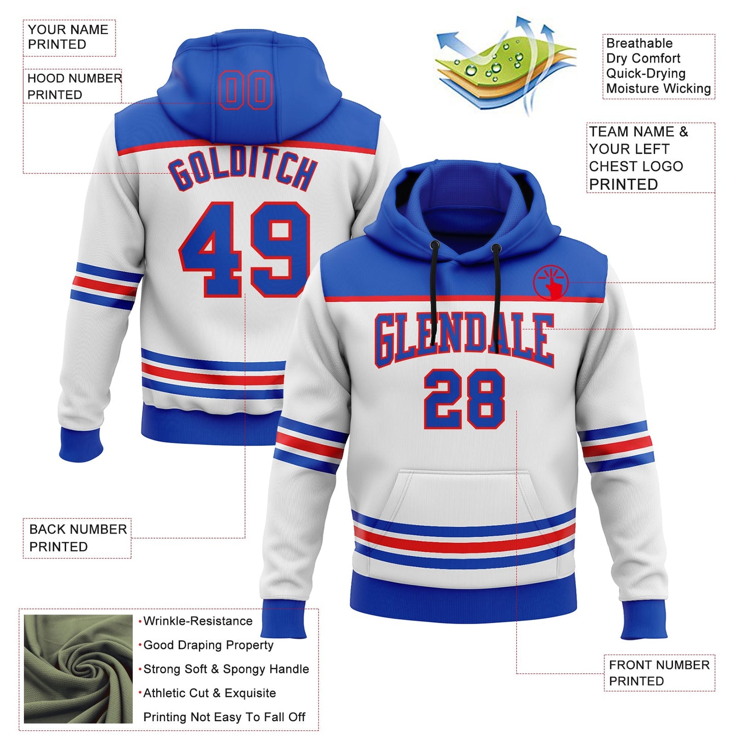 Custom White Thunder Blue-Fire Red 3D Pattern Design Game Day Stripe Sports Pullover Sweatshirt Hoodie