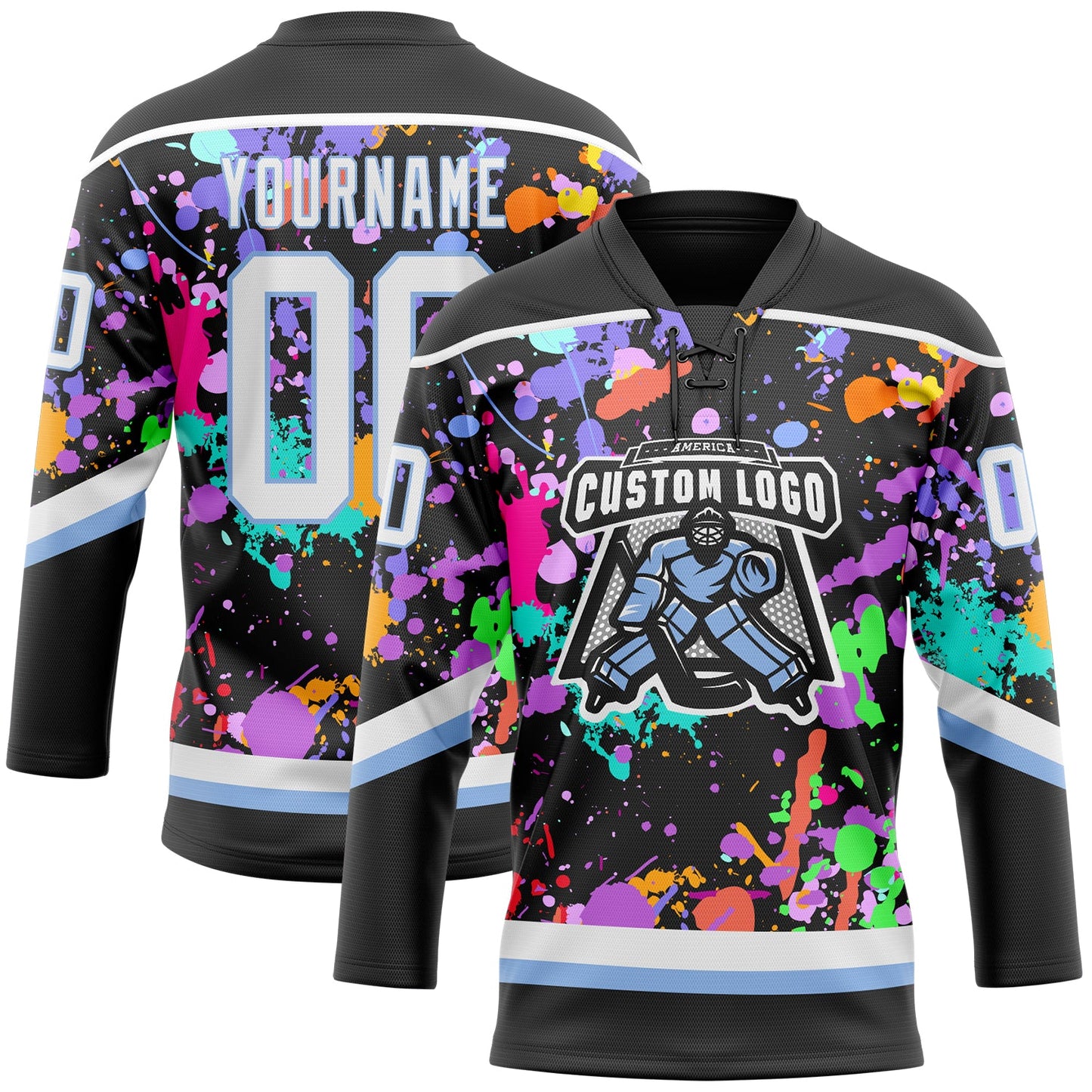 Custom Graffiti Pattern White Black-Light Blue 3D Pattern Splash Art Hockey Lace Neck Jersey