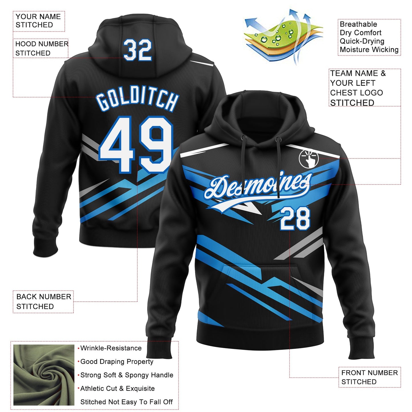 Custom Stitched Black White-Sky Blue E-sports Pattern Pullover Sweatshirt Hoodie