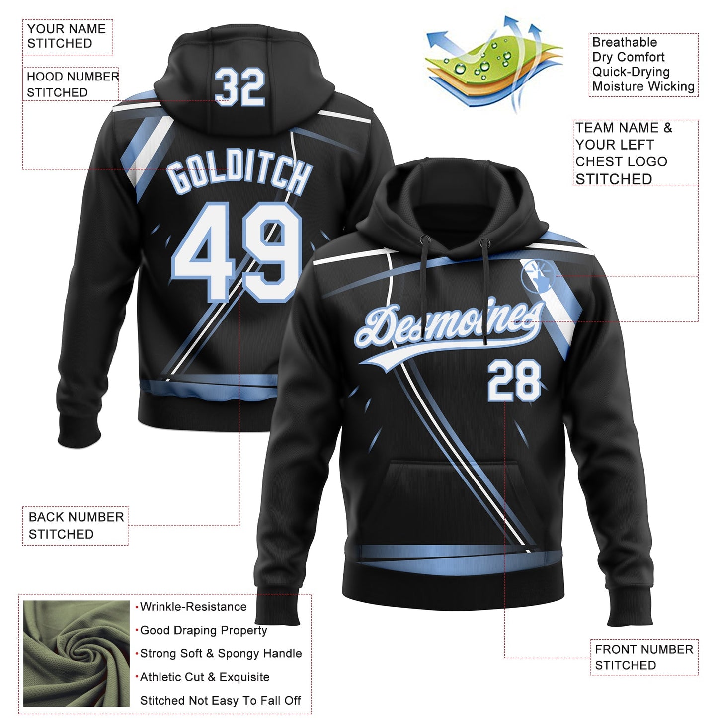 Custom Stitched Black White-Light Blue E-sports Pattern Pullover Sweatshirt Hoodie