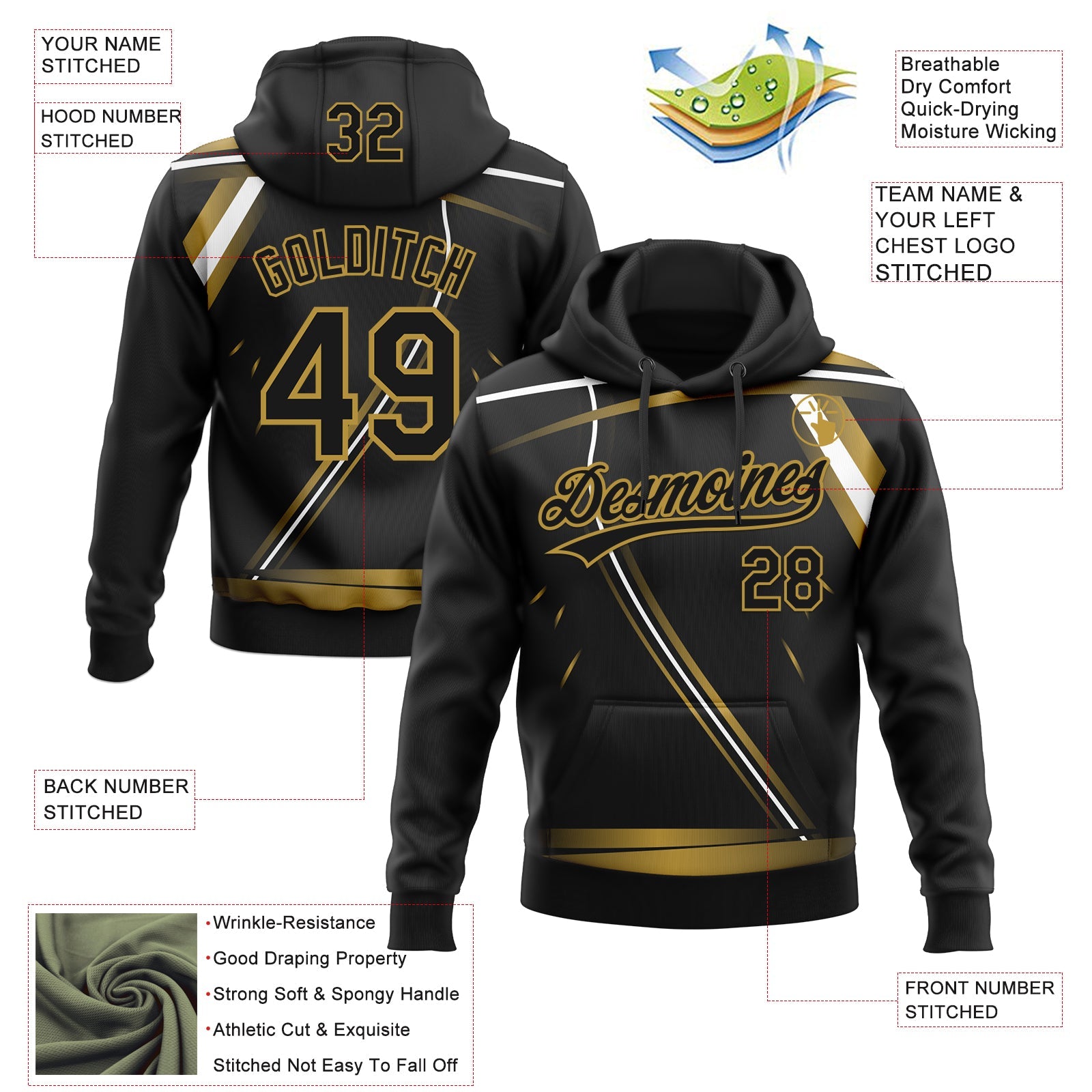 Custom Stitched Black Old Gold-White E-sports Pattern Pullover Sweatshirt Hoodie
