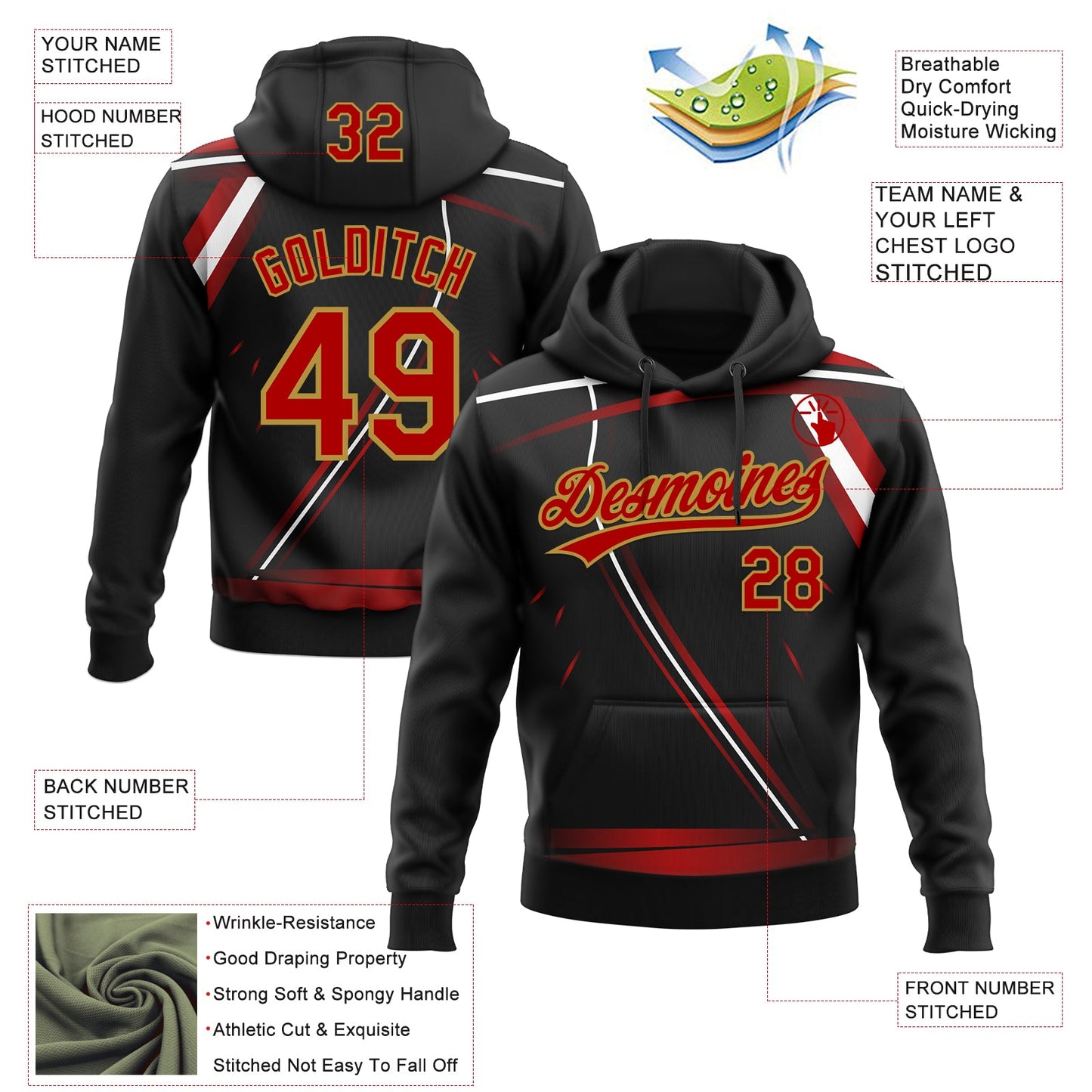 Custom Stitched Black Red Old Gold-White E-sports Pattern Pullover Sweatshirt Hoodie