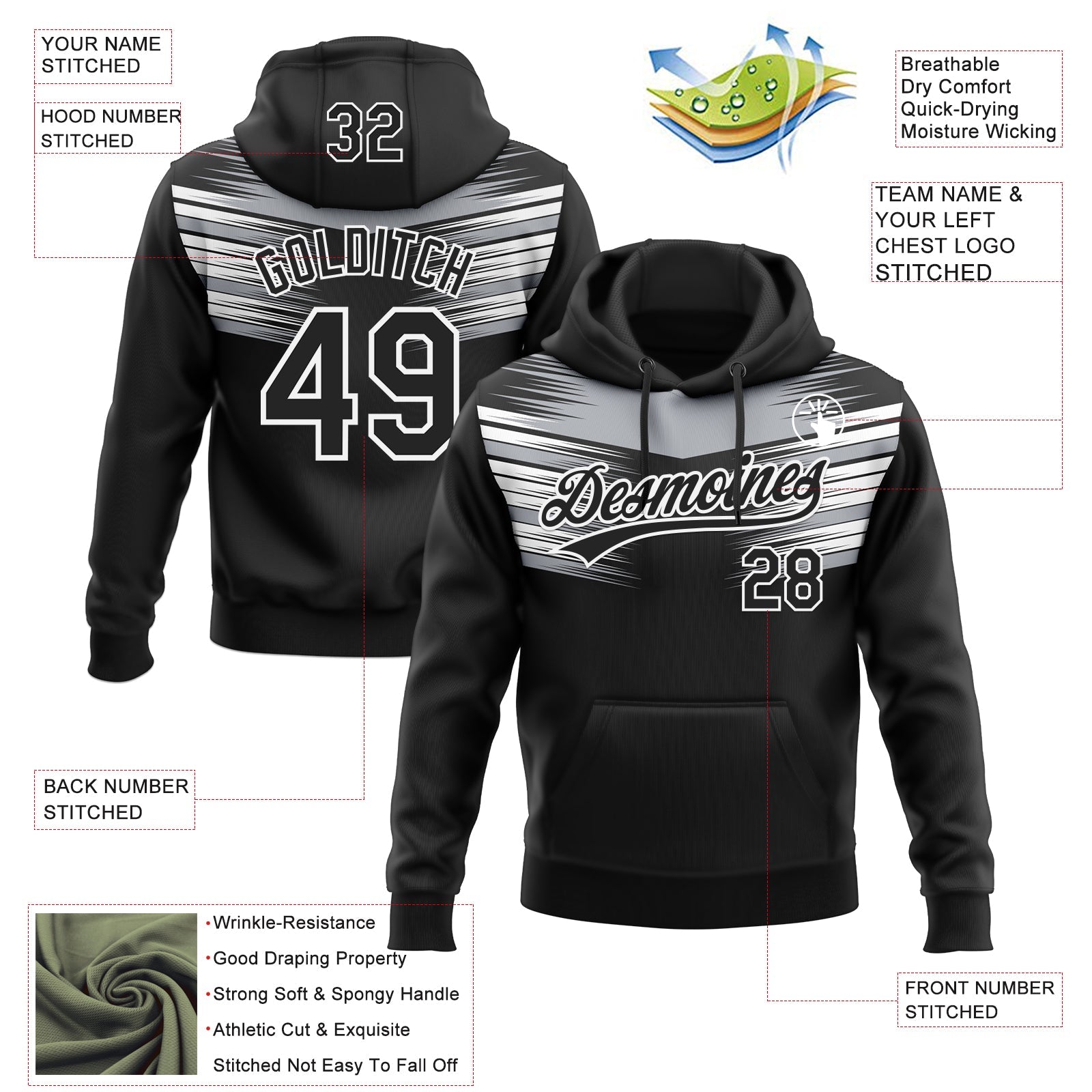 Custom Stitched Black Gray-White E-sports Pattern Pullover Sweatshirt Hoodie