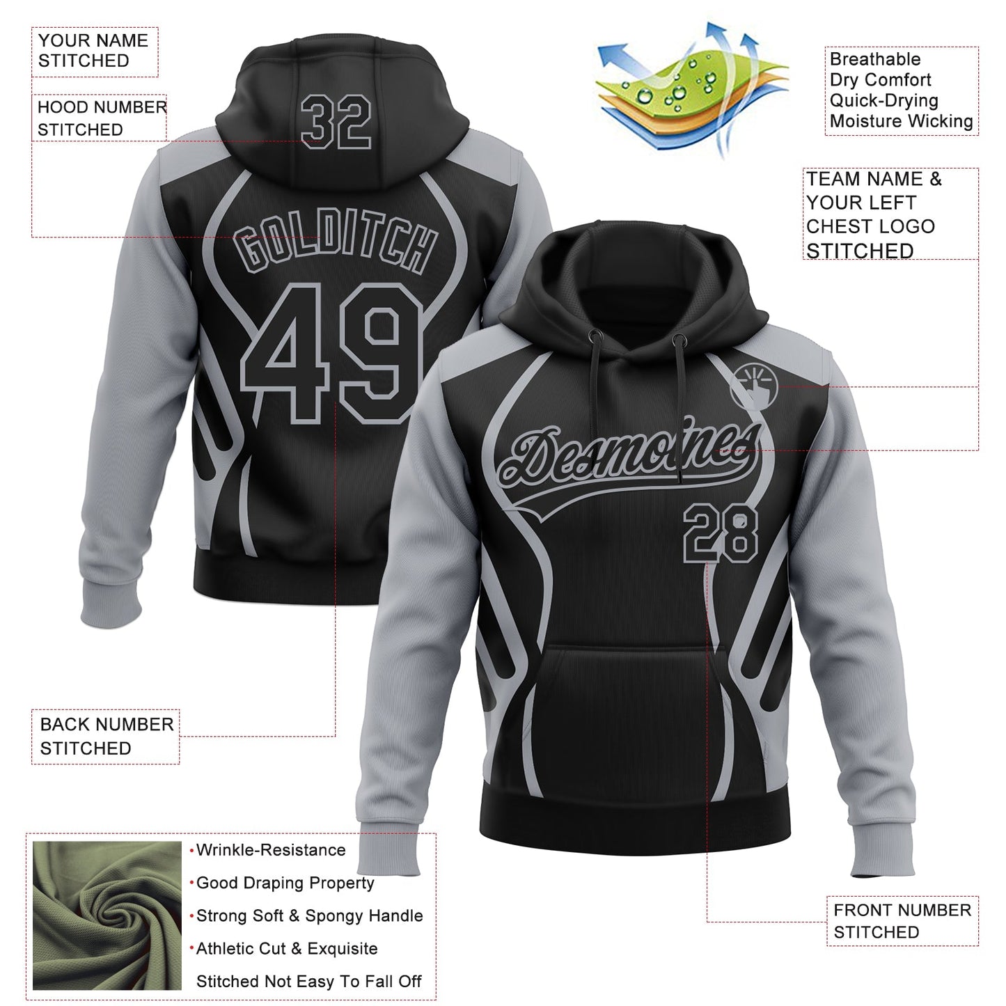 Custom Stitched Black Gray E-sports Pattern Pullover Sweatshirt Hoodie