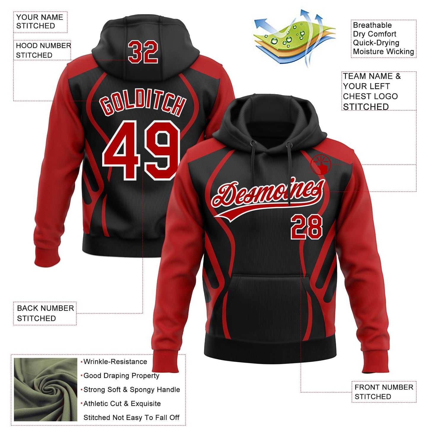 Custom Stitched Black Red-White E-sports Pattern Pullover Sweatshirt Hoodie