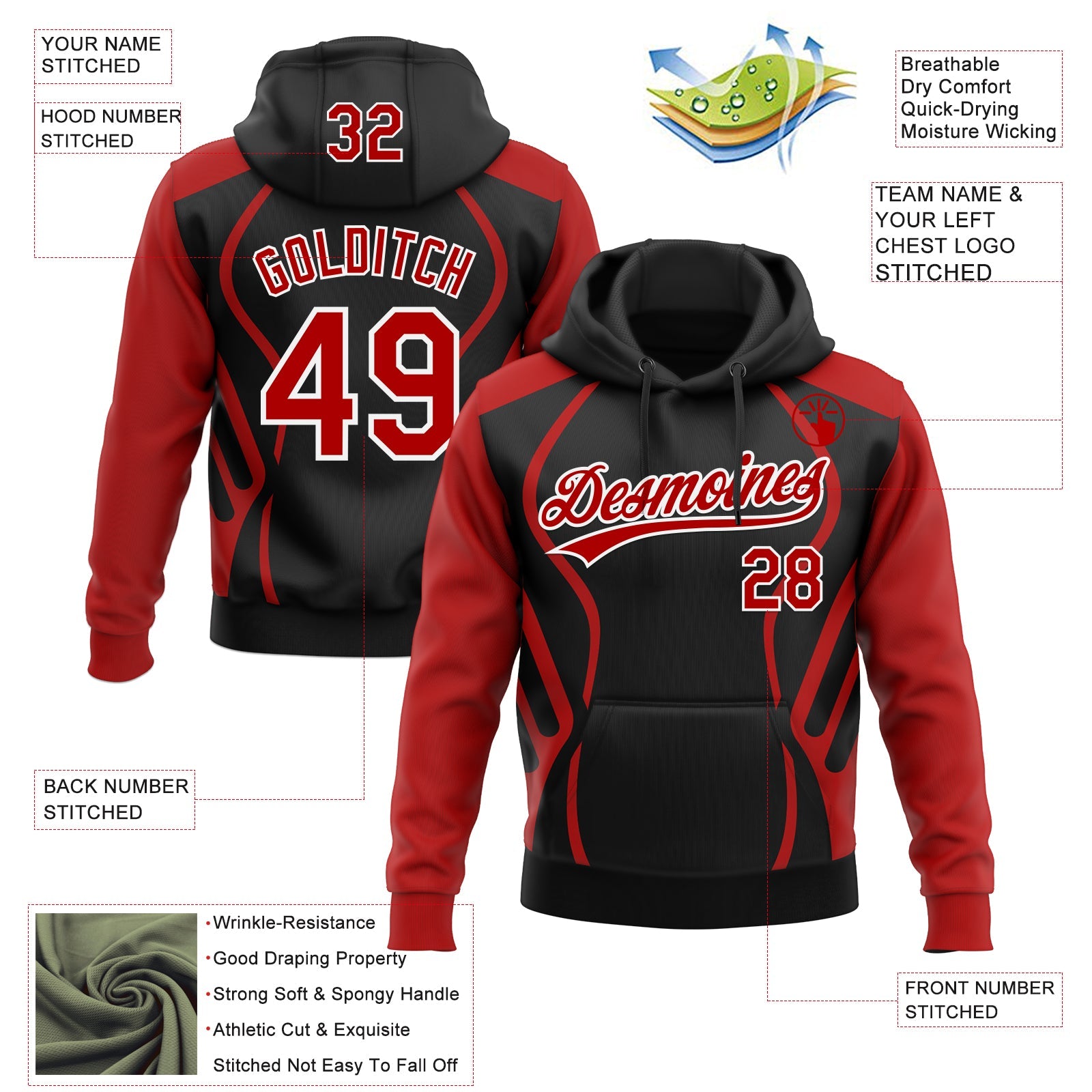 Custom Stitched Black Red-White E-sports Pattern Pullover Sweatshirt Hoodie