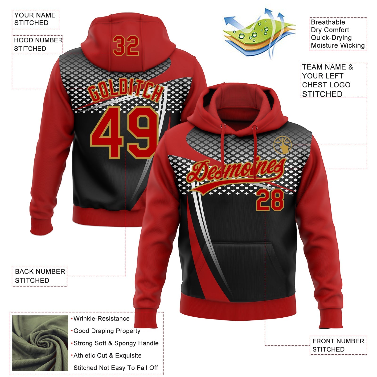 Custom Stitched Red Black Old Gold-White E-sports Pattern Pullover Sweatshirt Hoodie