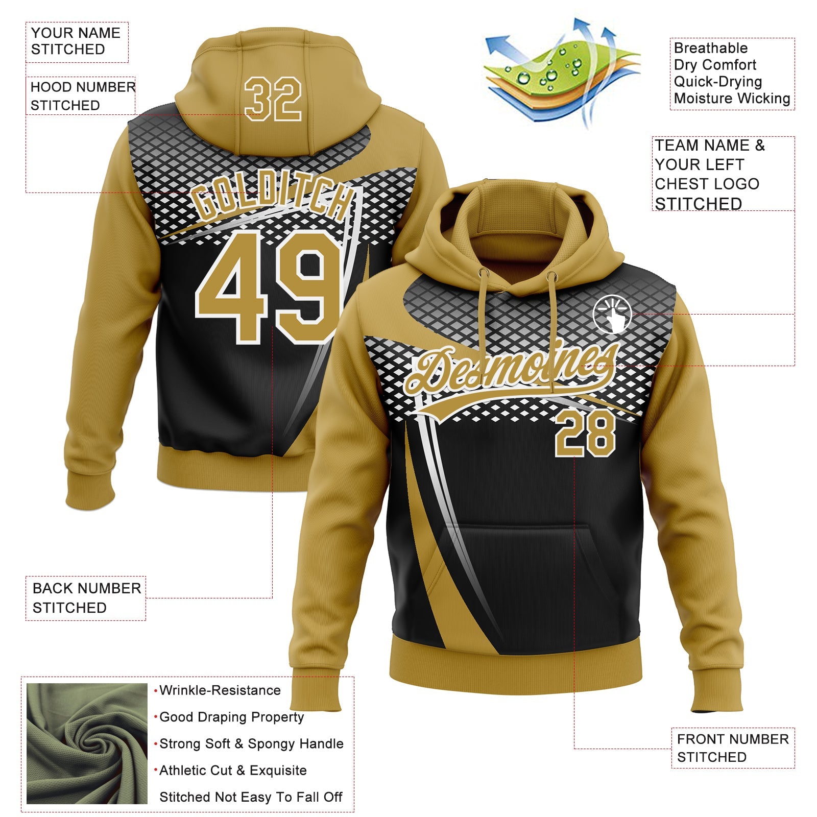 Custom Stitched Old Gold Black-White E-sports Pattern Pullover Sweatshirt Hoodie