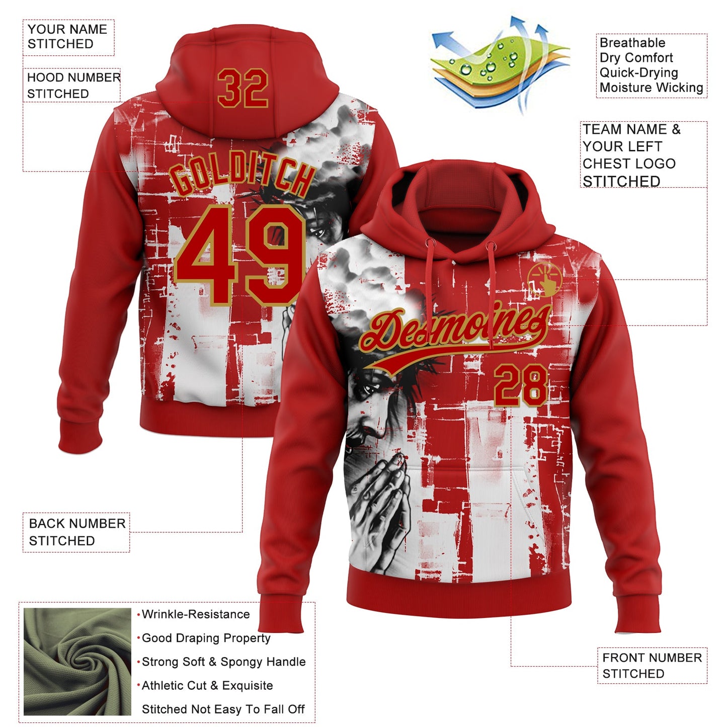 Custom Stitched Red Old Gold Black-White Religion Jesus Christ Pullover Sweatshirt Hoodie