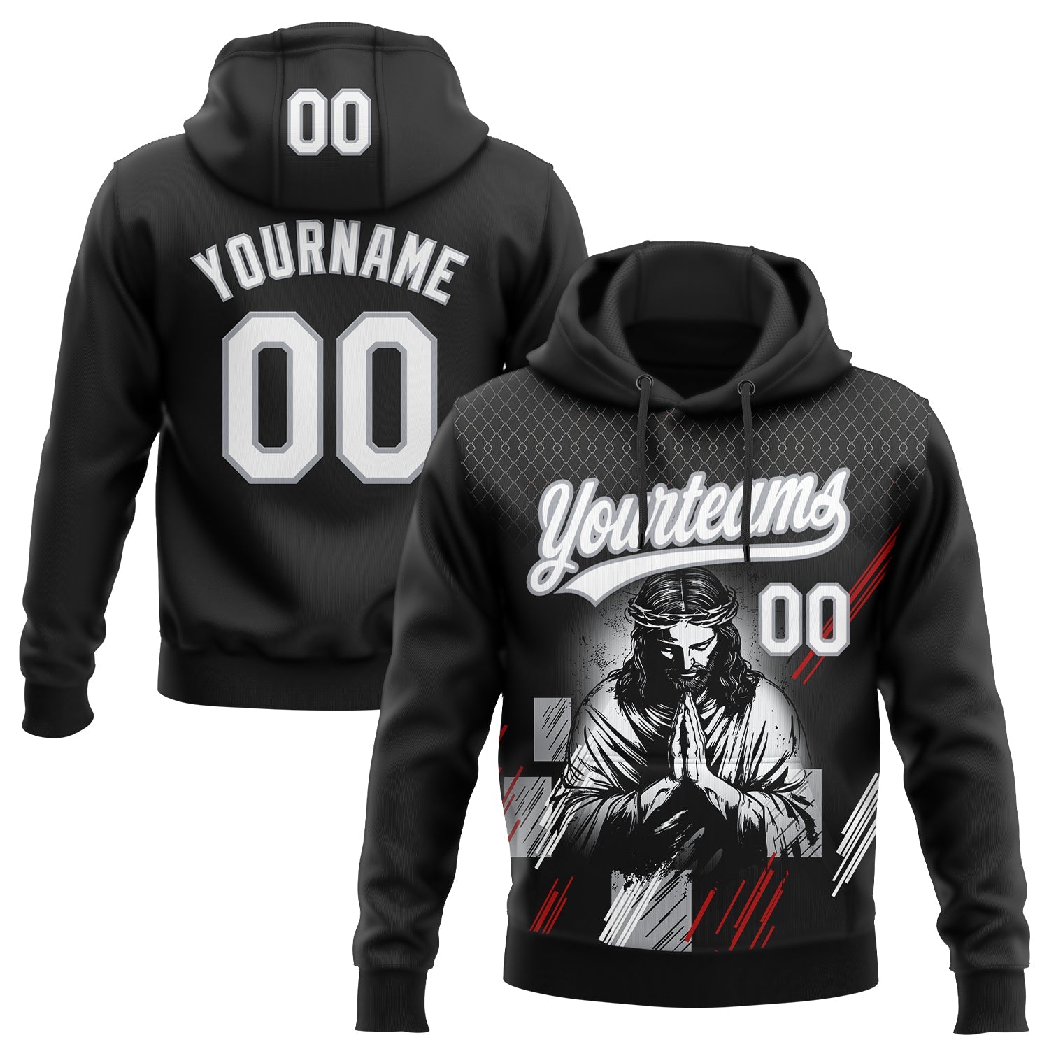 Custom Stitched Black White Gray-Red Religion Jesus Christ Pullover Sweatshirt Hoodie