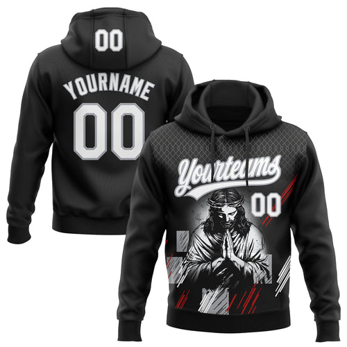 Custom Stitched Black White Gray-Red Religion Jesus Christ Pullover Sweatshirt Hoodie