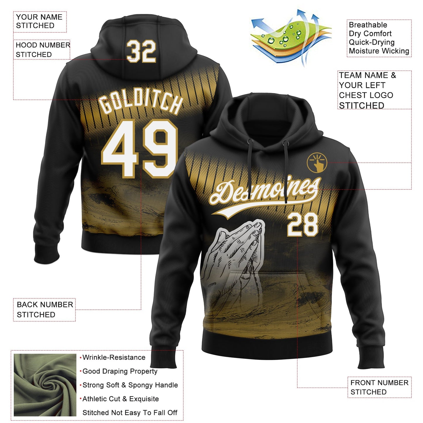 Custom Stitched Black White-Old Gold Religion Praying Hands Pullover Sweatshirt Hoodie