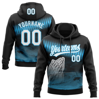 Custom Stitched Black White-Sky Blue Religion Praying Hands Pullover Sweatshirt Hoodie
