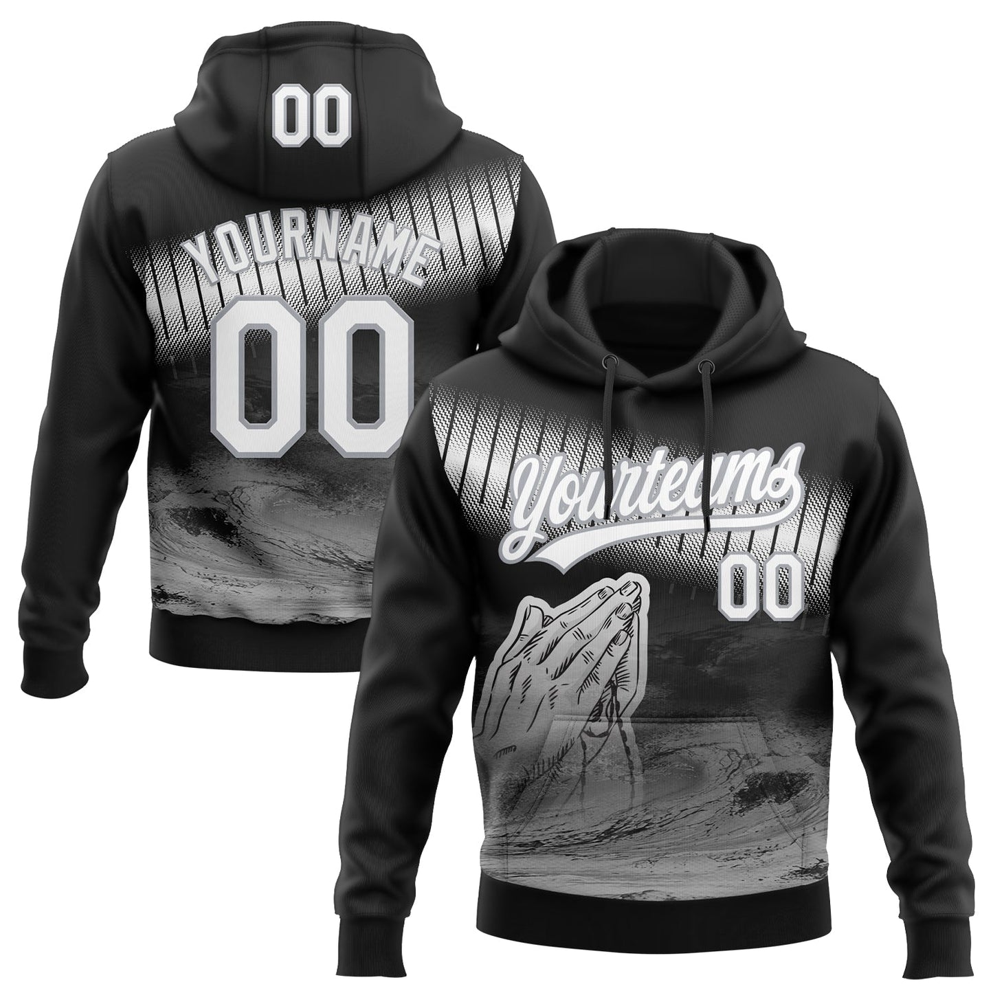 Custom Stitched Black White-Gray Religion Praying Hands Pullover Sweatshirt Hoodie