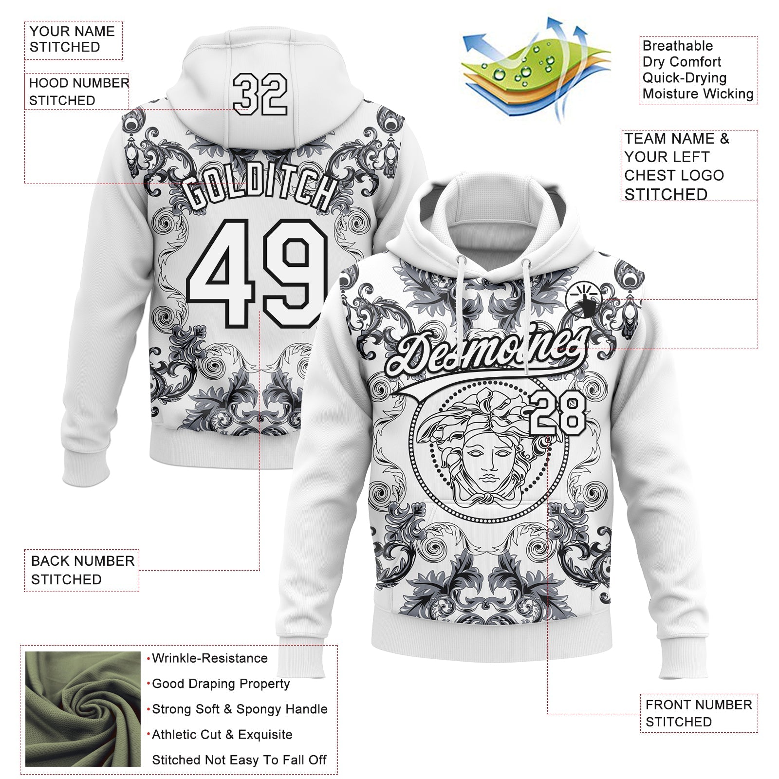 Custom Stitched White Black Medusa Pullover Sweatshirt Hoodie