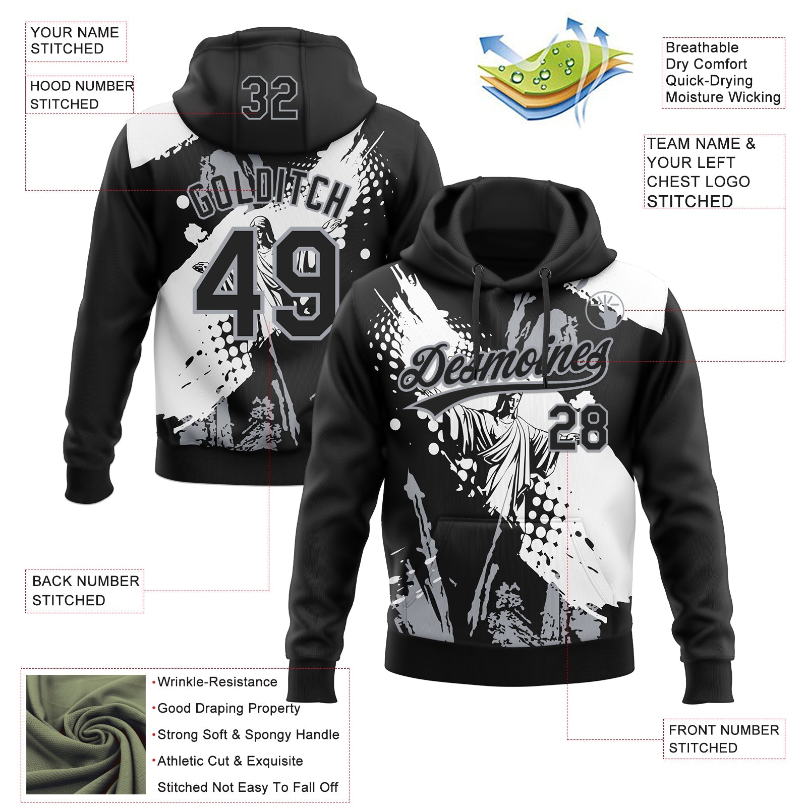 Custom Stitched Black White-Gray Religion Jesus Christ Pullover Sweatshirt Hoodie