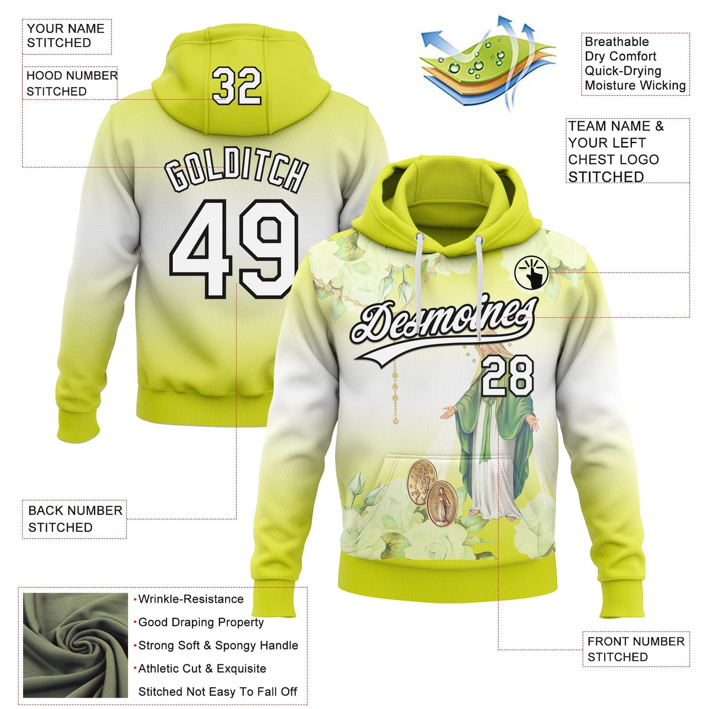 Custom Stitched Neon Yellow White-Black Religion The Virgin Mary Pullover Sweatshirt Hoodie