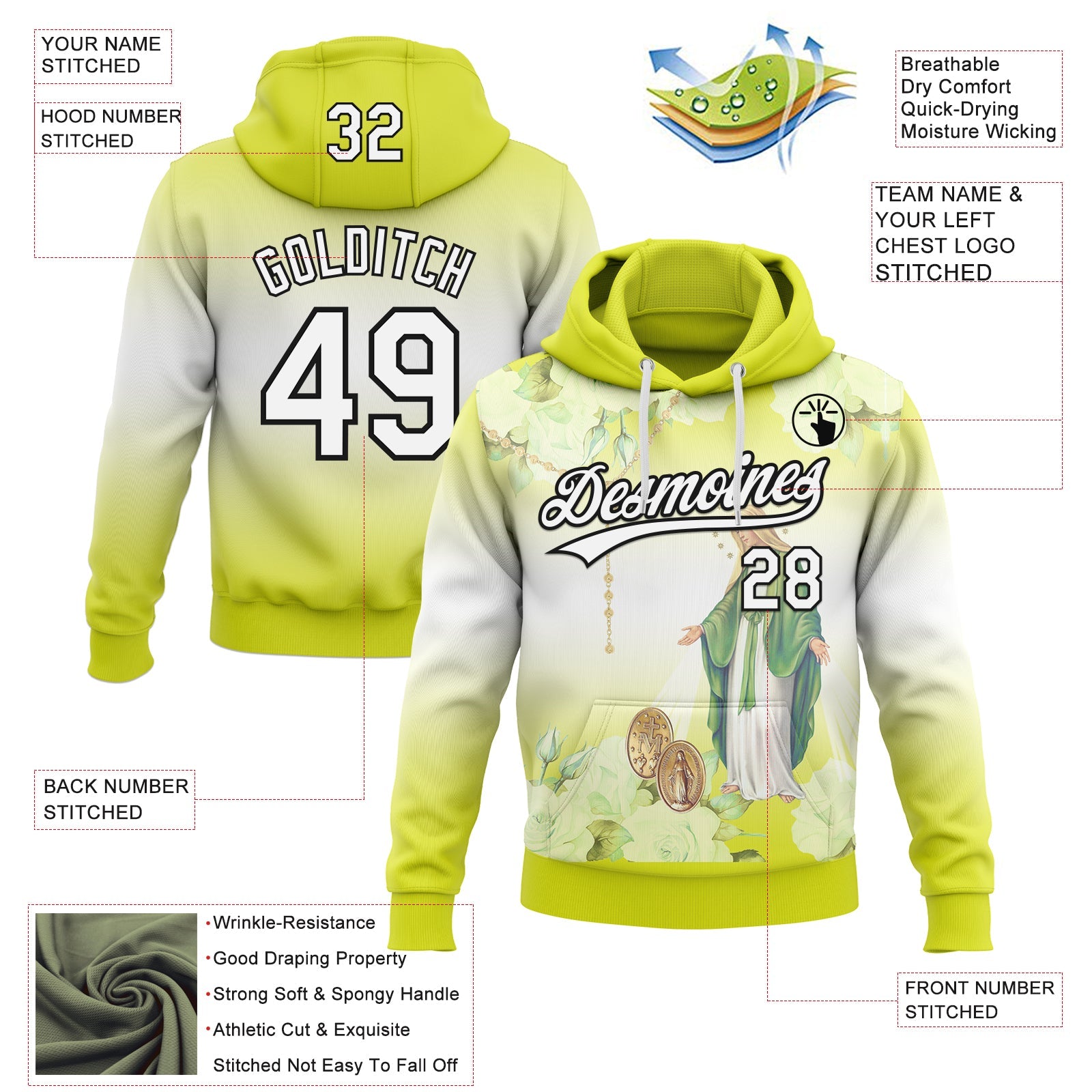 Custom Stitched Neon Yellow White-Black Religion The Virgin Mary Pullover Sweatshirt Hoodie