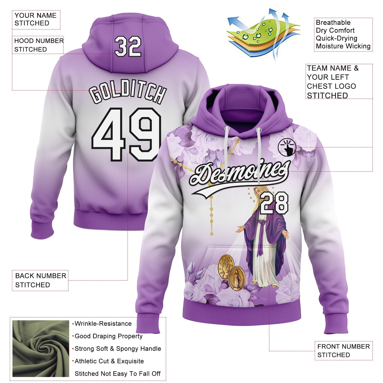 Custom Stitched Medium Purple White-Black Religion The Virgin Mary Pullover Sweatshirt Hoodie