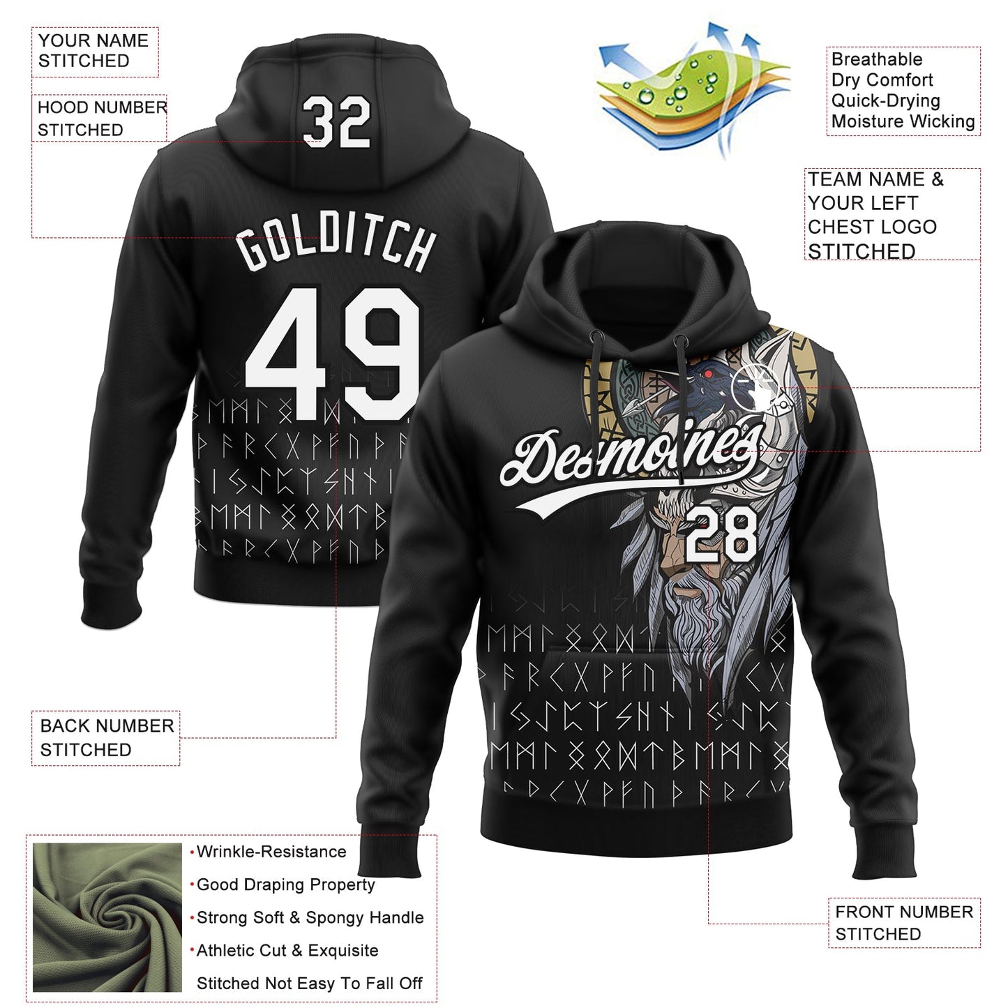 Custom Stitched Black White Viking Pattern Pullover Sweatshirt Hoodie