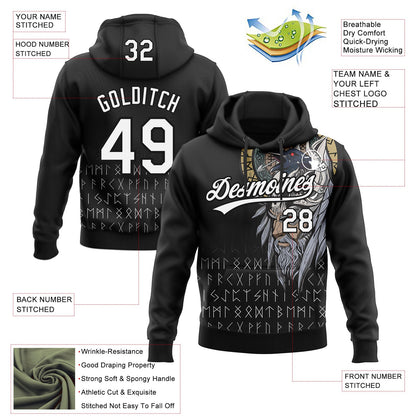 Custom Stitched Black White Viking Pattern Pullover Sweatshirt Hoodie