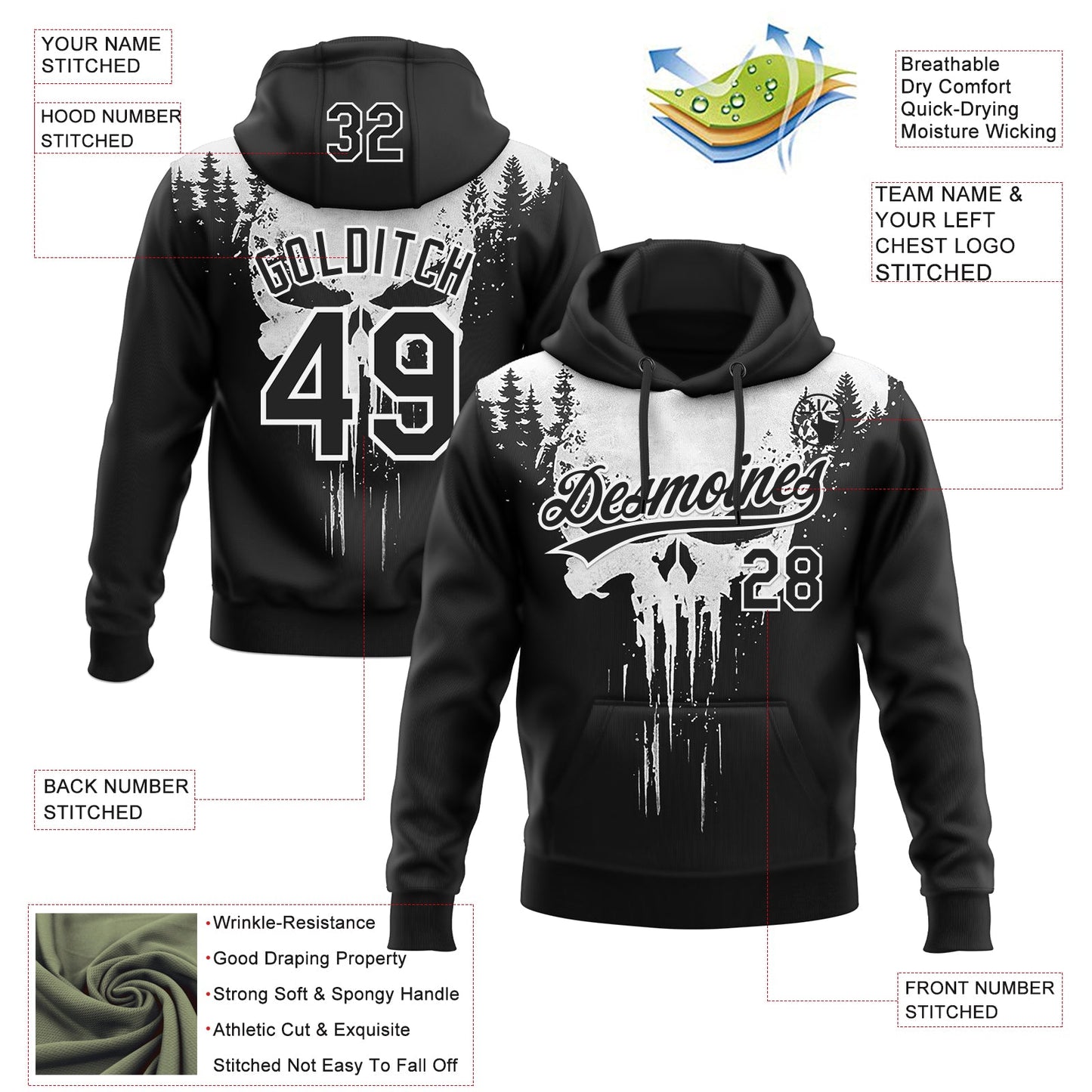 Custom Stitched Black White Skull Pattern Pullover Sweatshirt Hoodie