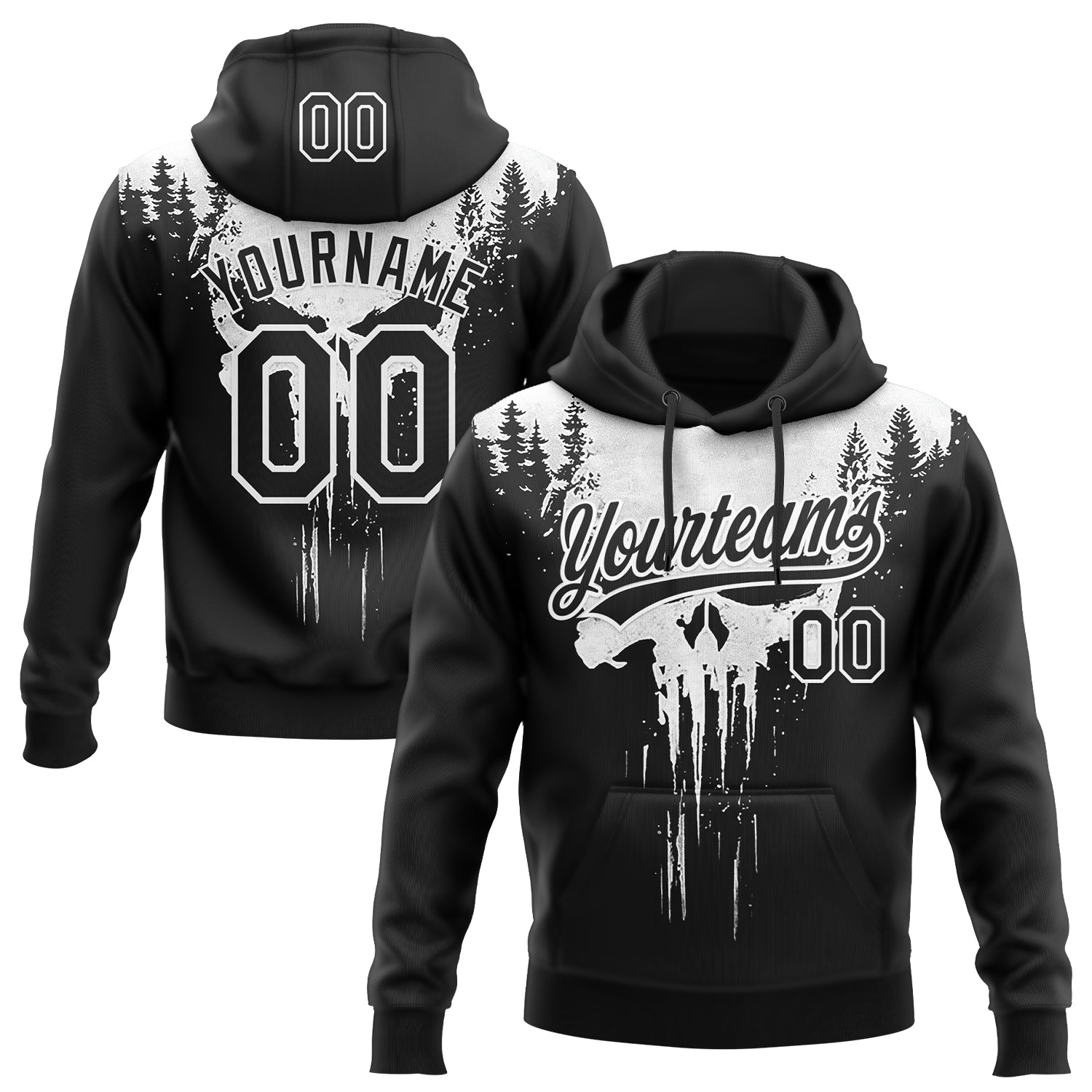 Custom Stitched Black White Skull Pattern Pullover Sweatshirt Hoodie