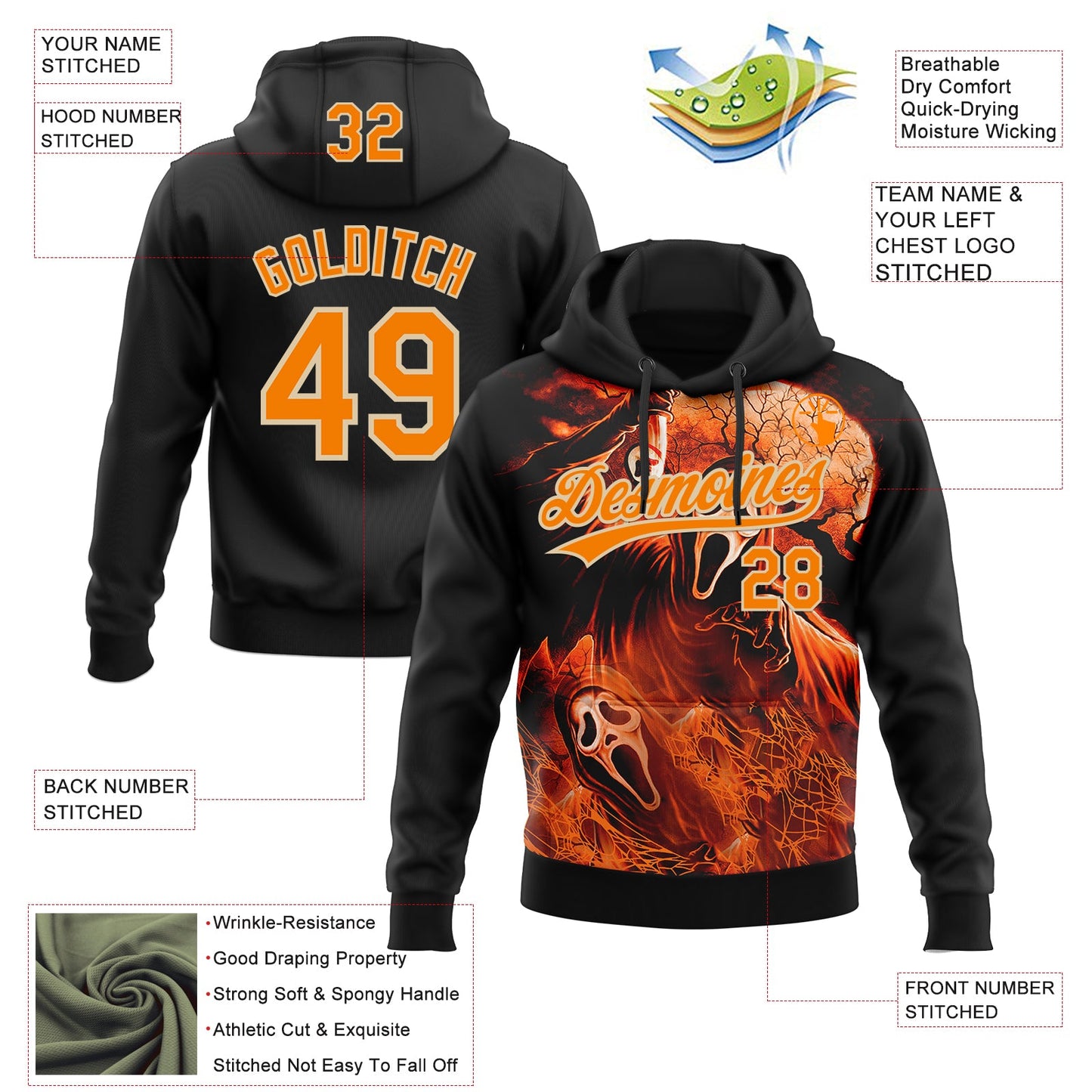 Custom Stitched Black Bay Orange-City Cream Skull Pattern Pullover Sweatshirt Hoodie
