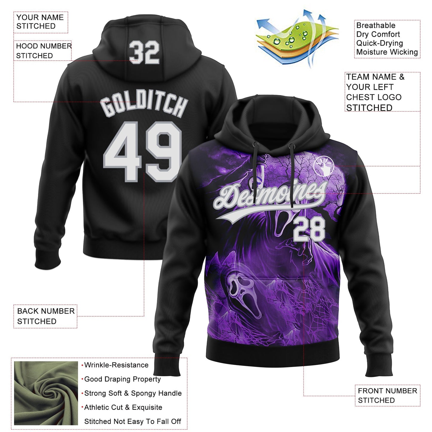 Custom Stitched Black White Purple-Gray Skull Pattern Pullover Sweatshirt Hoodie
