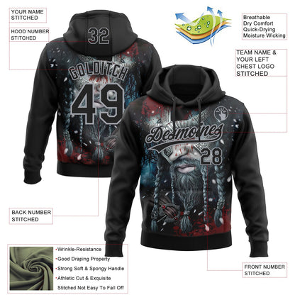 Custom Stitched Black Gray Viking Pattern Pullover Sweatshirt Hoodie