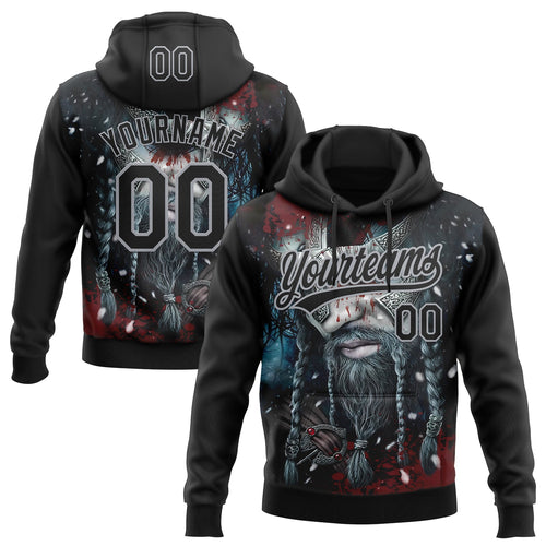 Custom Stitched Black Gray Viking Pattern Pullover Sweatshirt Hoodie