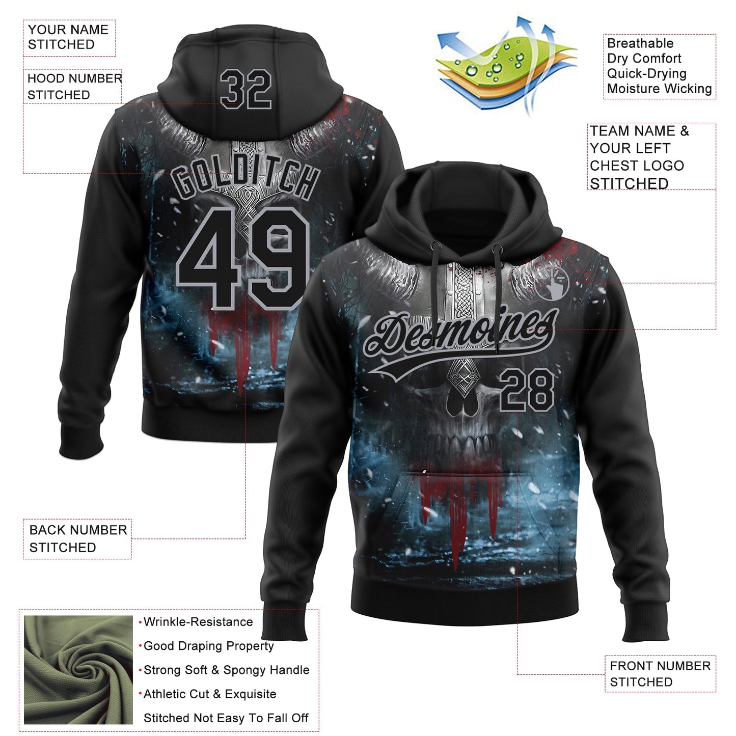 Custom Stitched Black Gray Skull Pattern Pullover Sweatshirt Hoodie