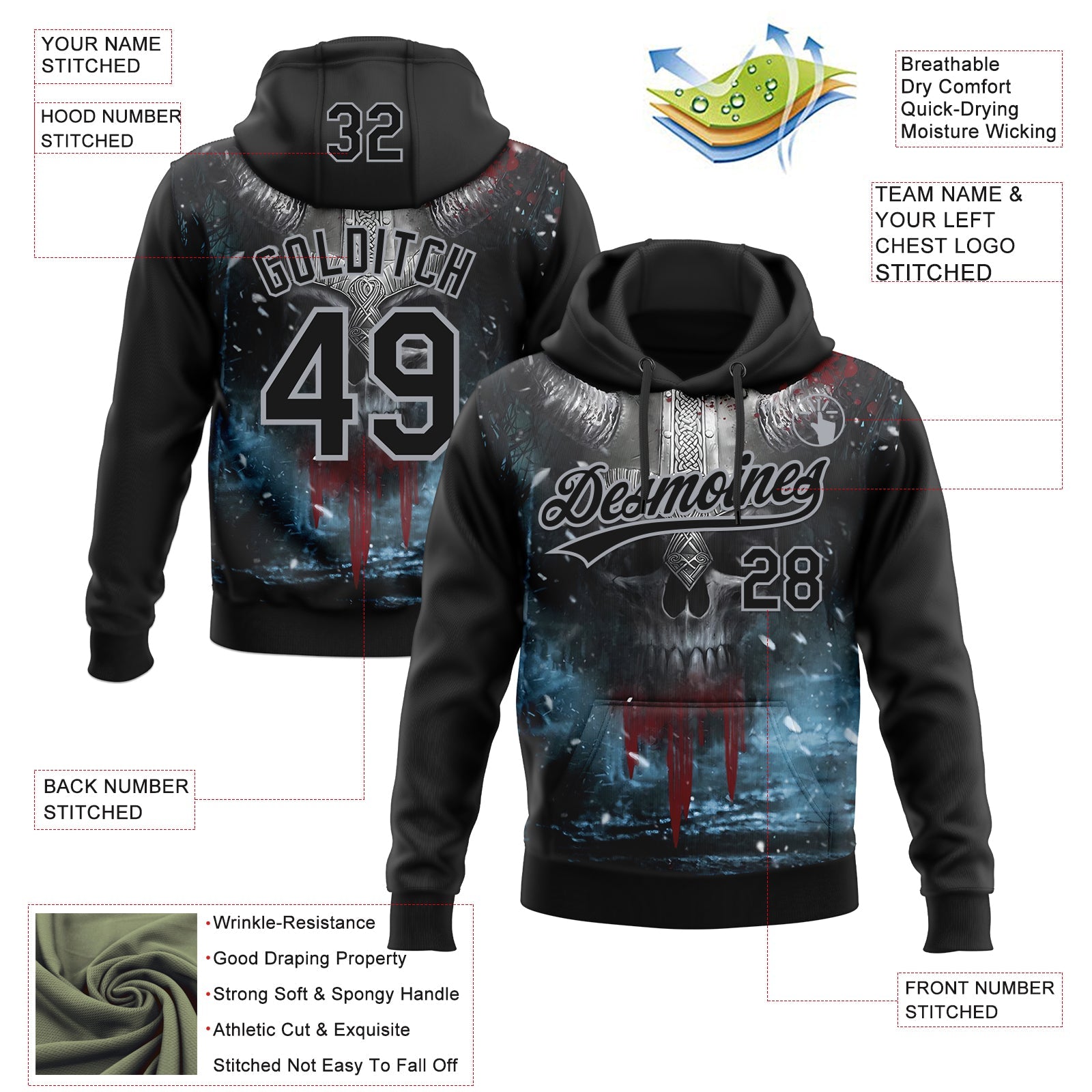 Custom Stitched Black Gray Skull Pattern Pullover Sweatshirt Hoodie