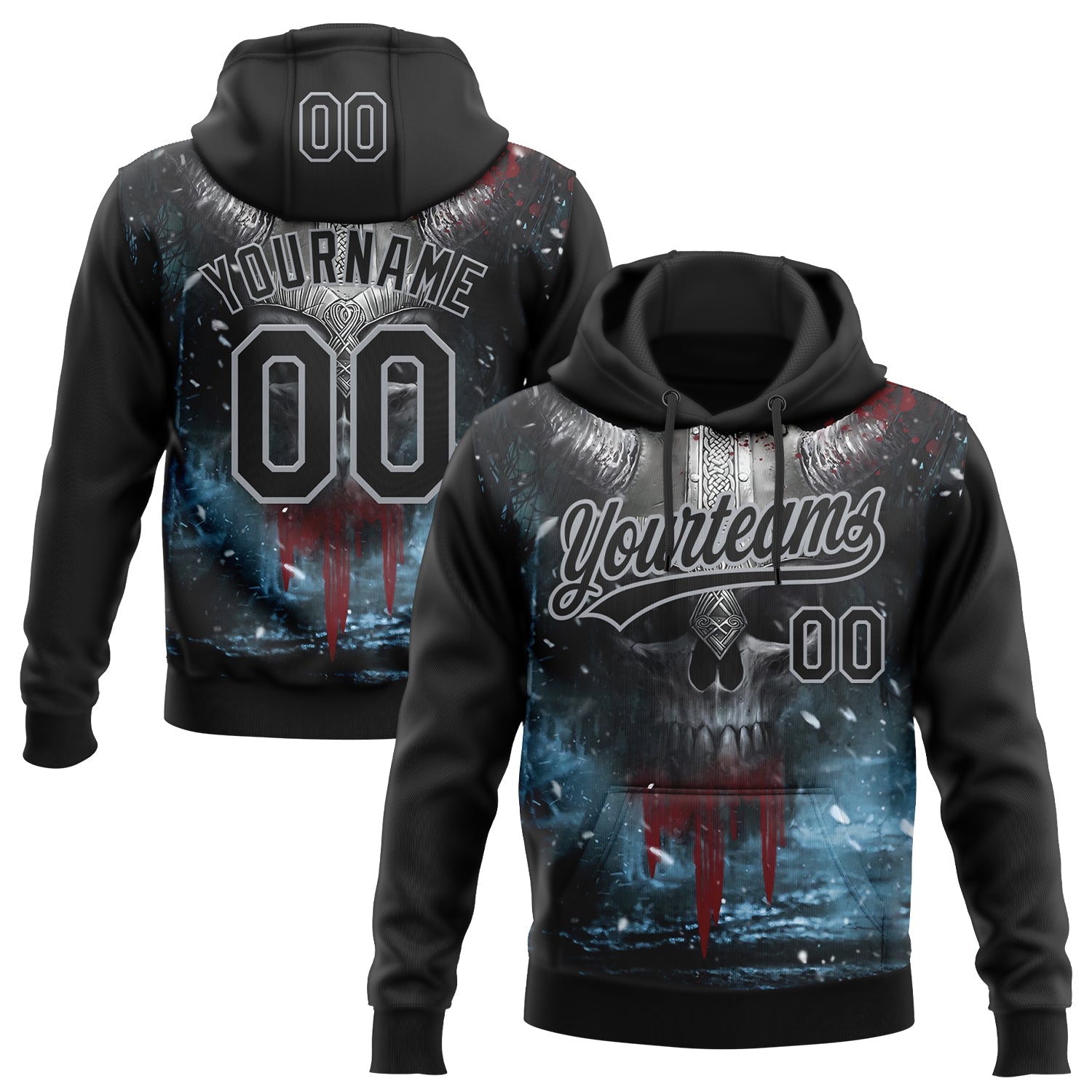 Custom Stitched Black Gray Skull Pattern Pullover Sweatshirt Hoodie
